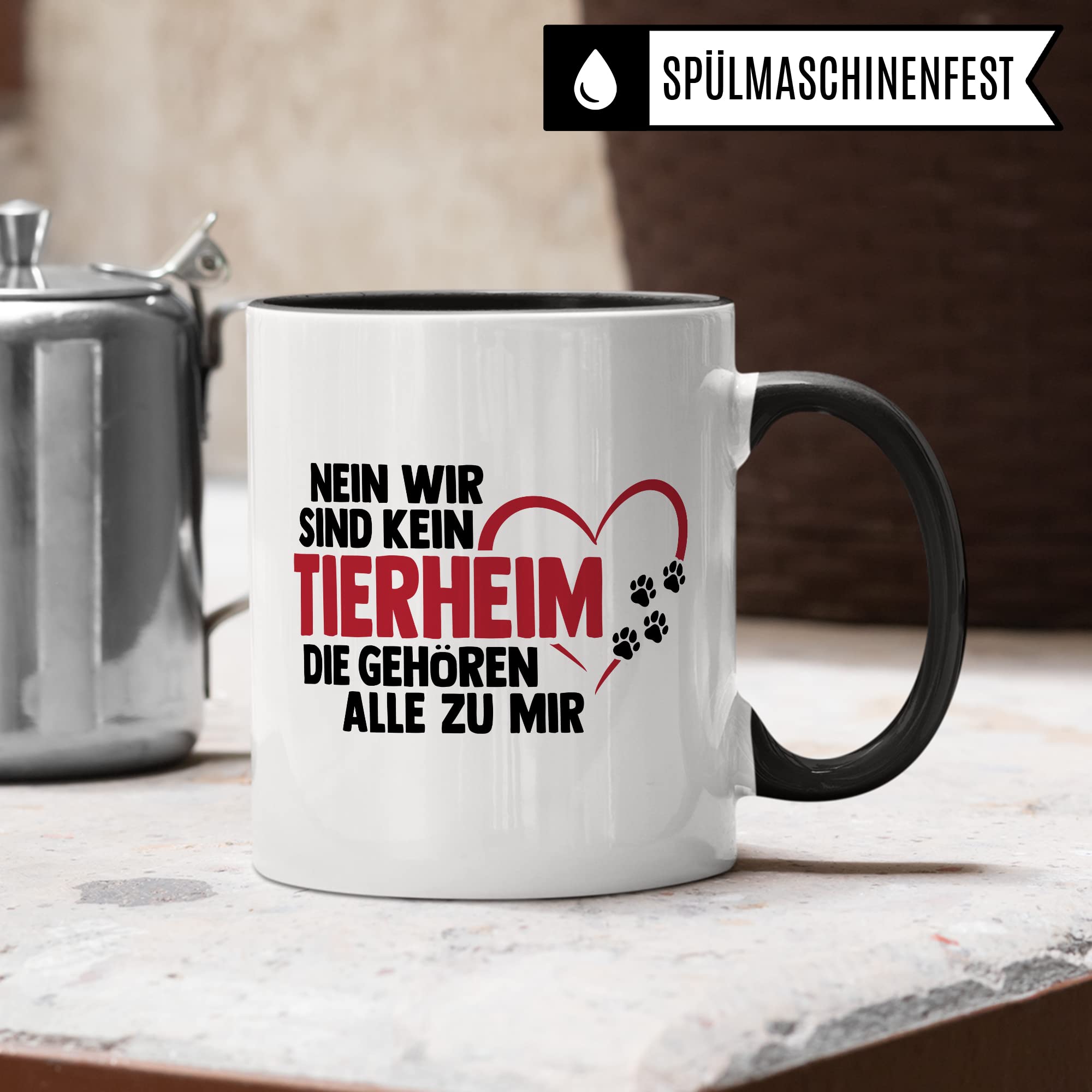 Hunde Tasse lustig Hundebesitzer Kaffee-Becher Kaffeetasse Tierheim Spruch Humor Witz Geschenk-Idee Haustier Teetasse Die gehören alle zu mir Hund (Weiß/Schwarz)