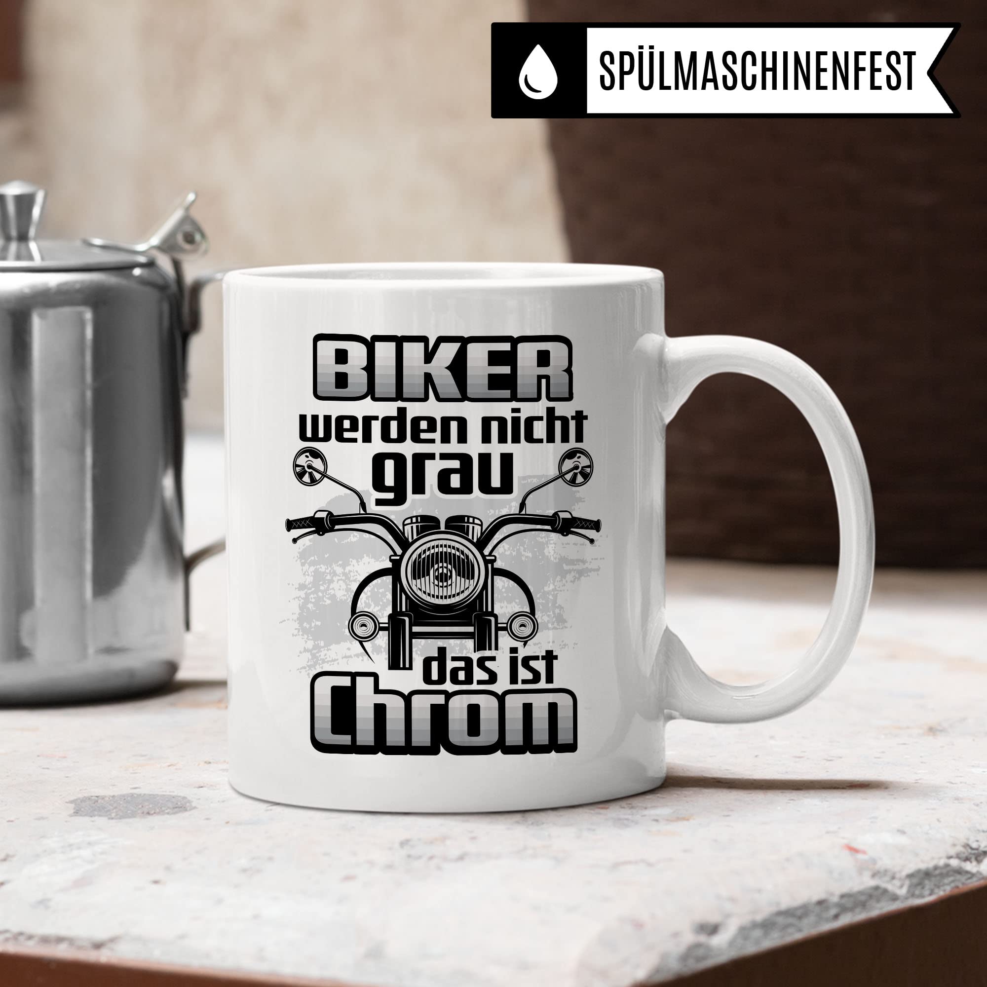 Motorrad Tasse - Biker werden nicht grau das ist Chrom - Biker Geschenk, Spruch lustig Motiv Geschenkidee Kaffeetasse Motorradfahrer Motorradfahrerin Kaffee-Becher