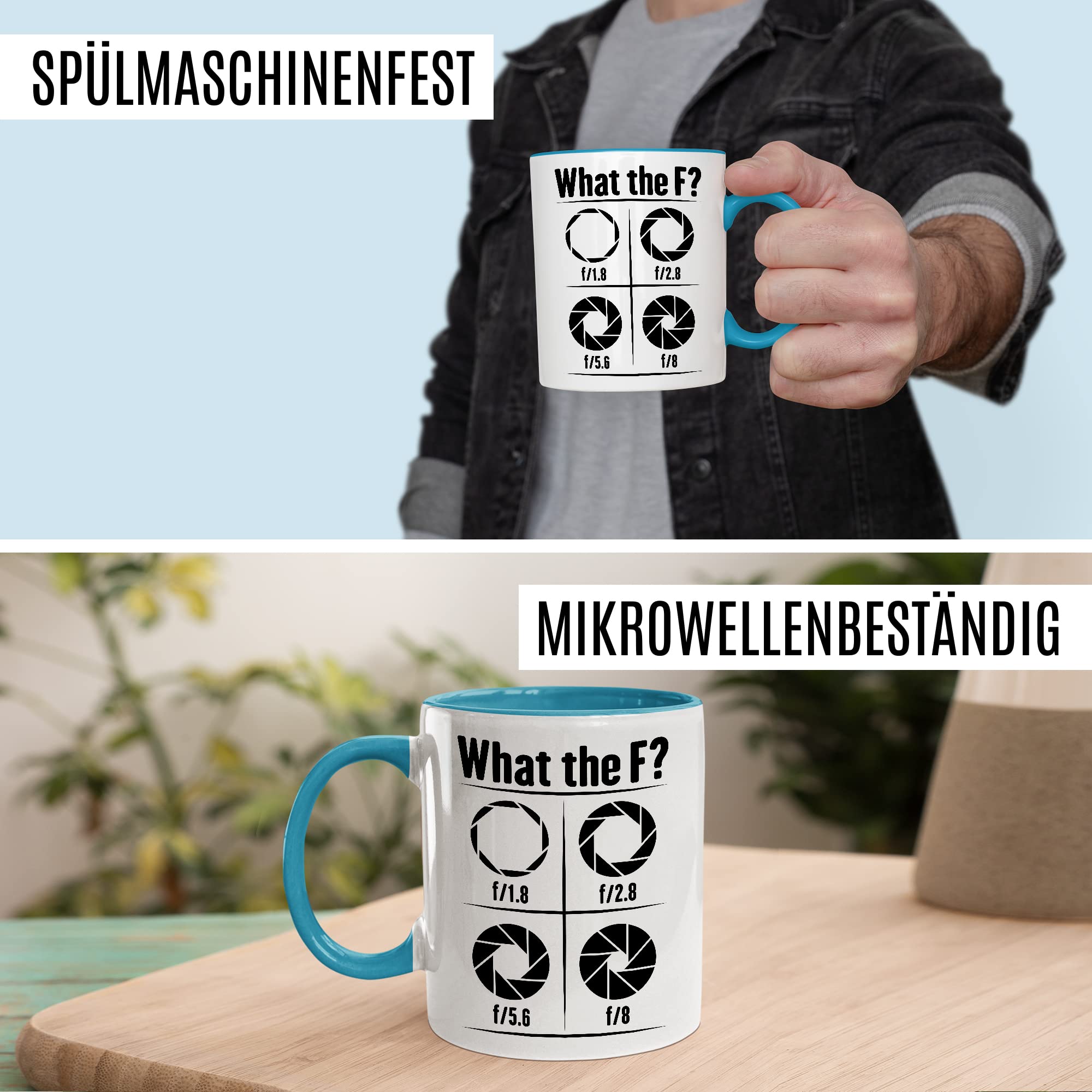 Tasse Kamera Geschenk, What the F? Geschenkidee Fotograf Kaffee-Becher Kaffeetasse Tasse mit Spruch lustig Blende Kameralinse Fotografin Videograf Kamera fotografieren