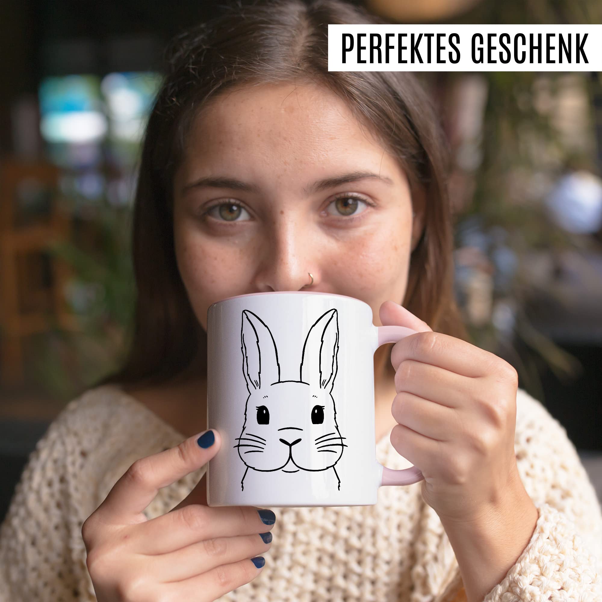 Kaninchen Tasse Hasen Bild süße Kaffeetasse mit Tier Motiv Karnickel Kaffee-Becher Häschen Humor Geschenk Spruch Teetasse Haustier Hase Langohr Halter cute Kaninchen Zeichnung