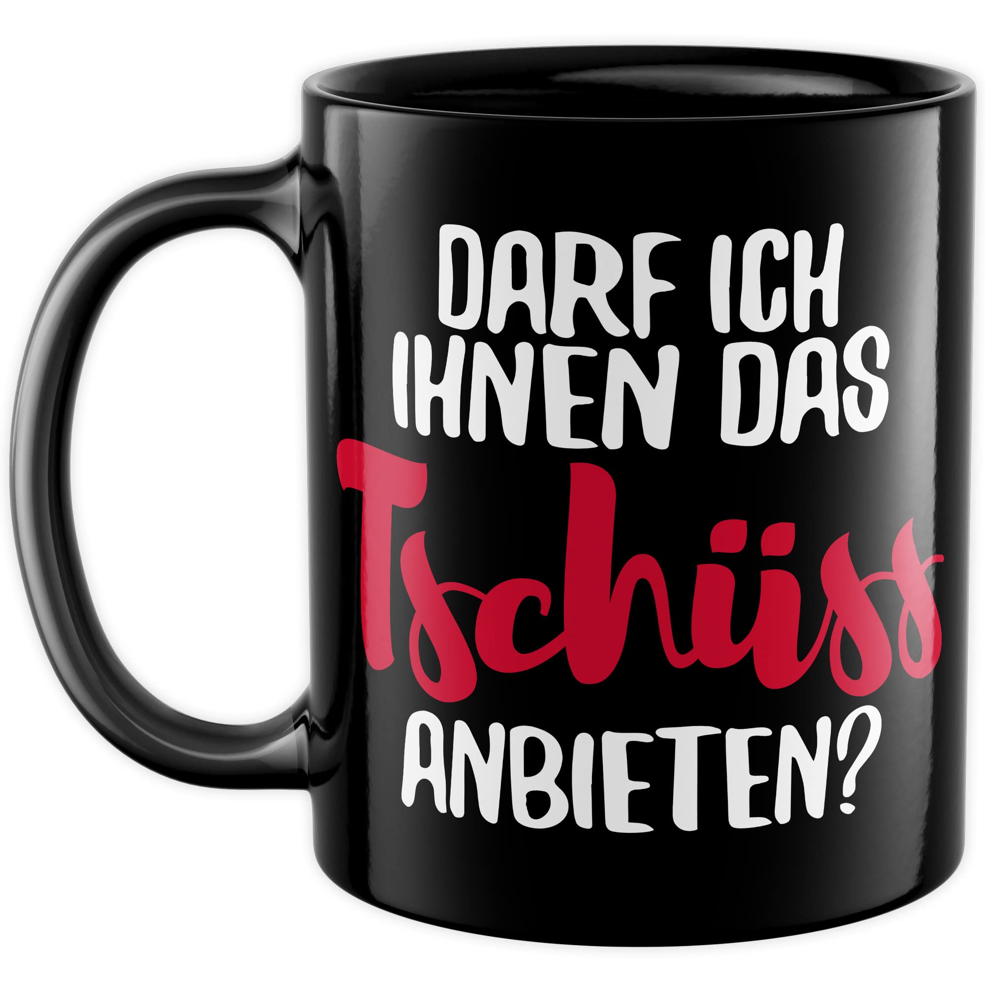 Tasse mit Spruch Büro lustig Kaffeetasse Arbeit Kaffee-Becher mit Witz Arbeitsplatz Job Geschenkidee Humor Geschenk Kollegin Chef Kollege Darf ich ihnen das tschüss anbieten Sarkasmus