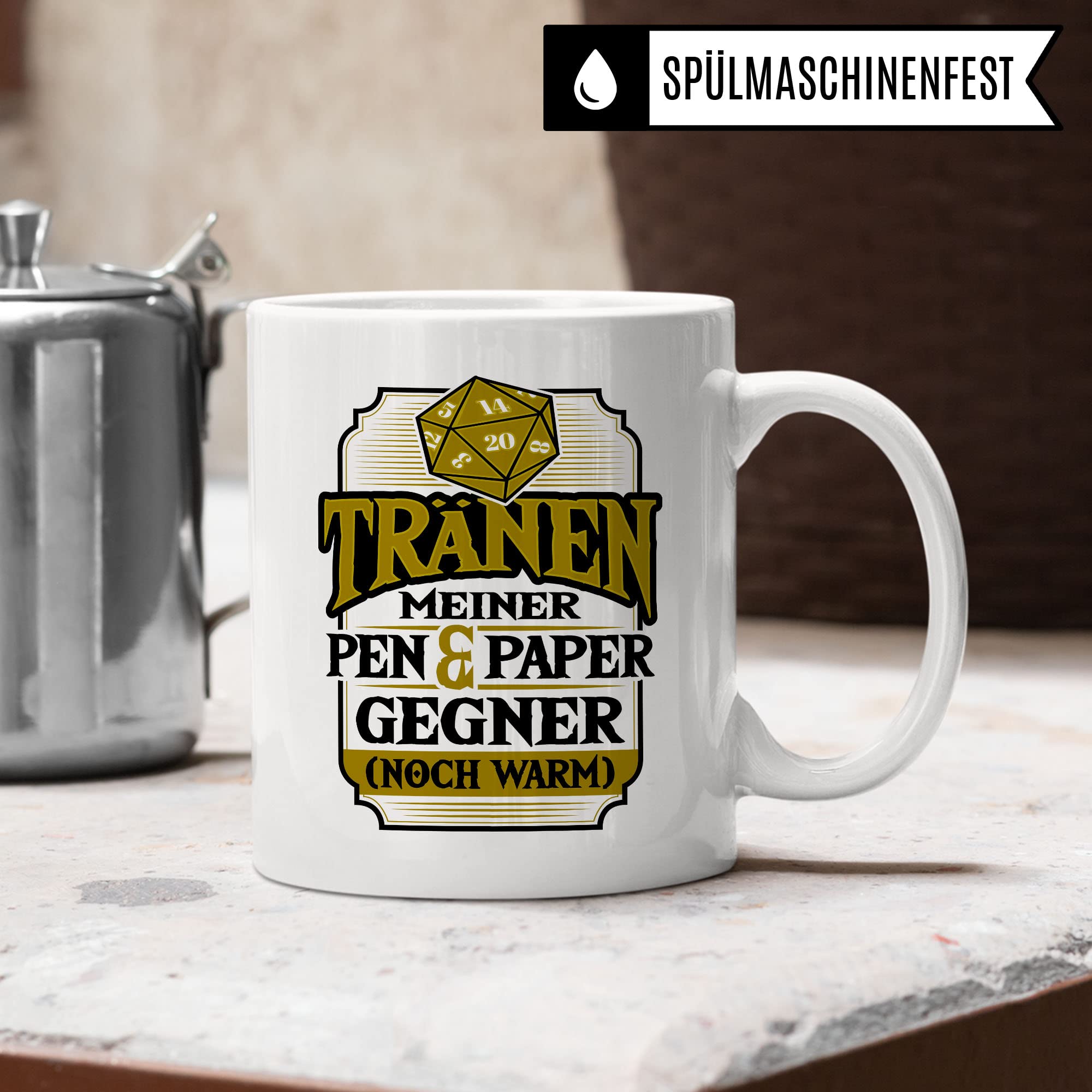 DnD Roleplay Tasse, Tränen meiner Pen & Paper Gegner (noch warm) Spruch, Rollenspiel Spruch D20 Dice Geschenk, Pen & Paper Tabletop D20 Motiv - RPG Dungeon Kaffee-Becher Geschenkidee