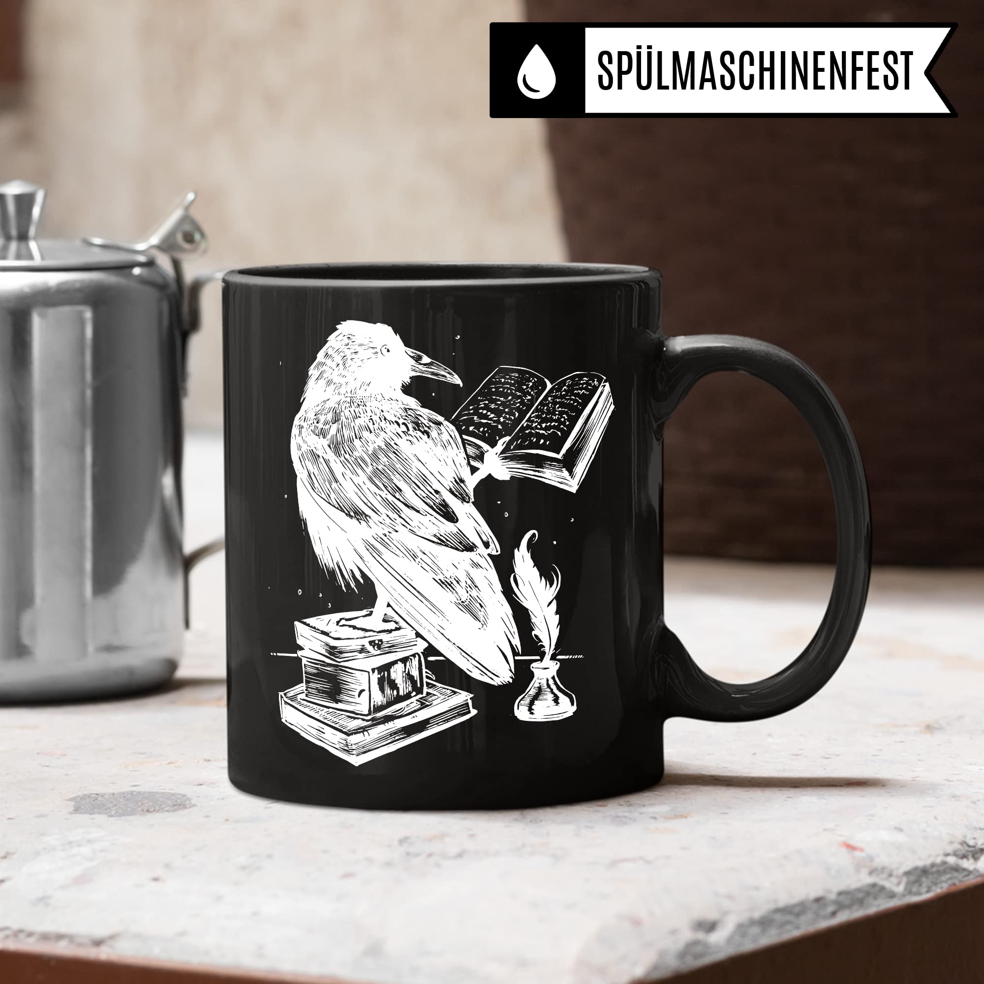 Bücher Tasse Raben Kaffeetasse Geschenk Bücherwurm Lesen Kaffee-Becher Leseratte Teetasse Geschenk Buch Bücherfan Geschenkidee Fantasy