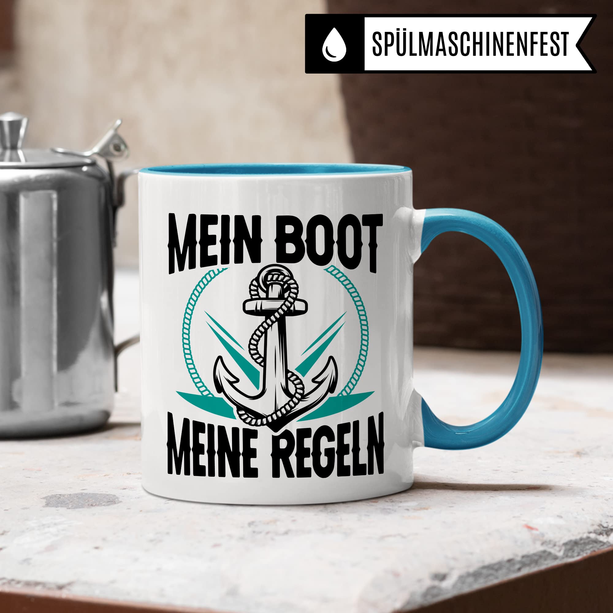 Tasse Kapitän, Mein Boot meine Regeln Geschenk Bootliebhaber Geschenkidee Bootbesitzer Kaffee-Becher Kaffeetasse mit Spruch lustig Teetasse Anker-Motiv