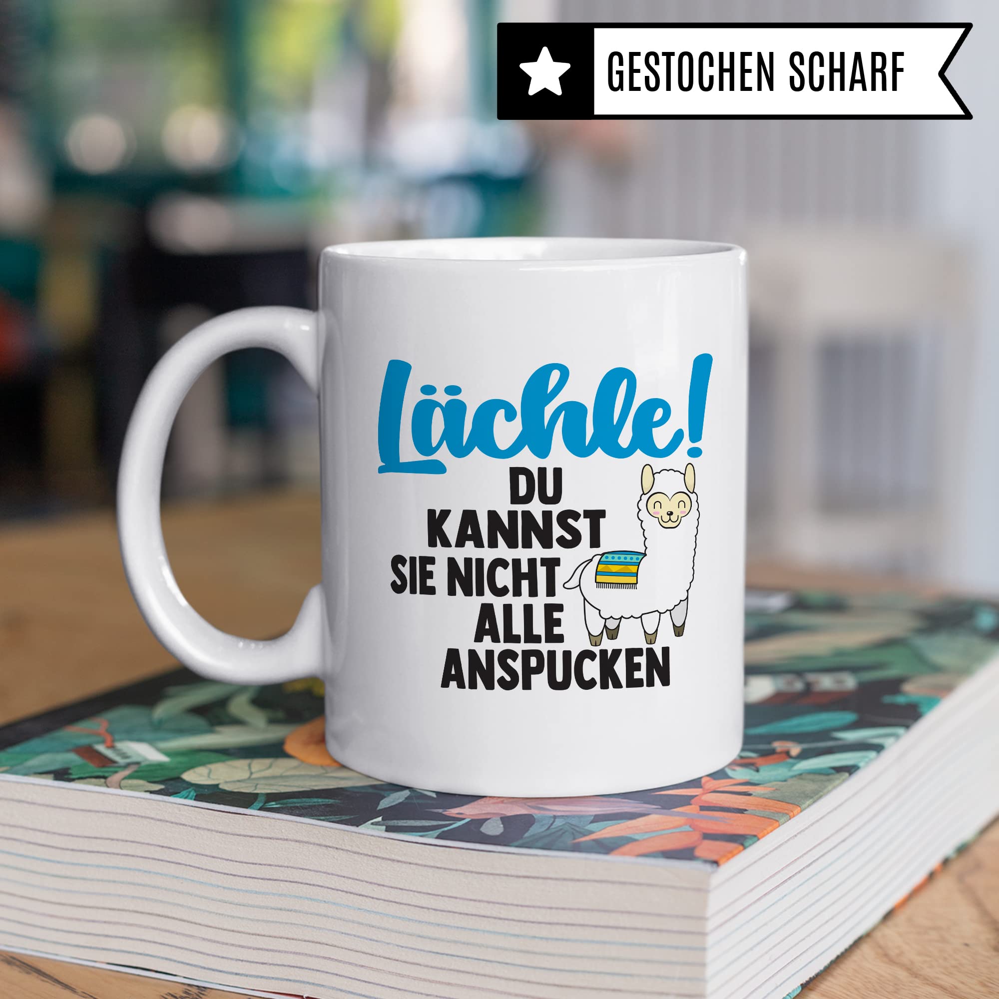 Tasse Lama Geschenk, Lächle! Du kannst sie nicht alle anspucken Geschenkidee Tasse mit Spruch lustig Kaffee-Becher Kaffeetasse Teetasse Humor Witz Witztasse Alpaka spucken