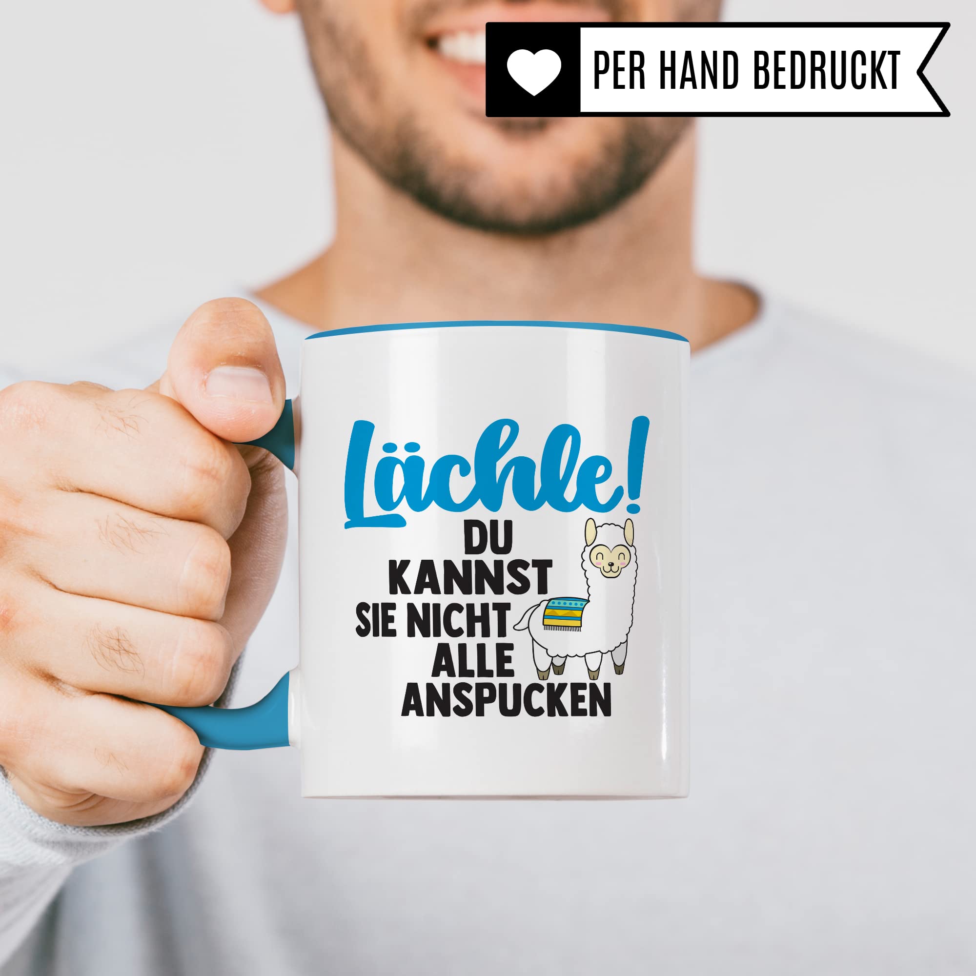 Tasse Lama Geschenk, Lächle! Du kannst sie nicht alle anspucken Geschenkidee Tasse mit Spruch lustig Kaffee-Becher Kaffeetasse Teetasse Humor Witz Witztasse Alpaka spucken