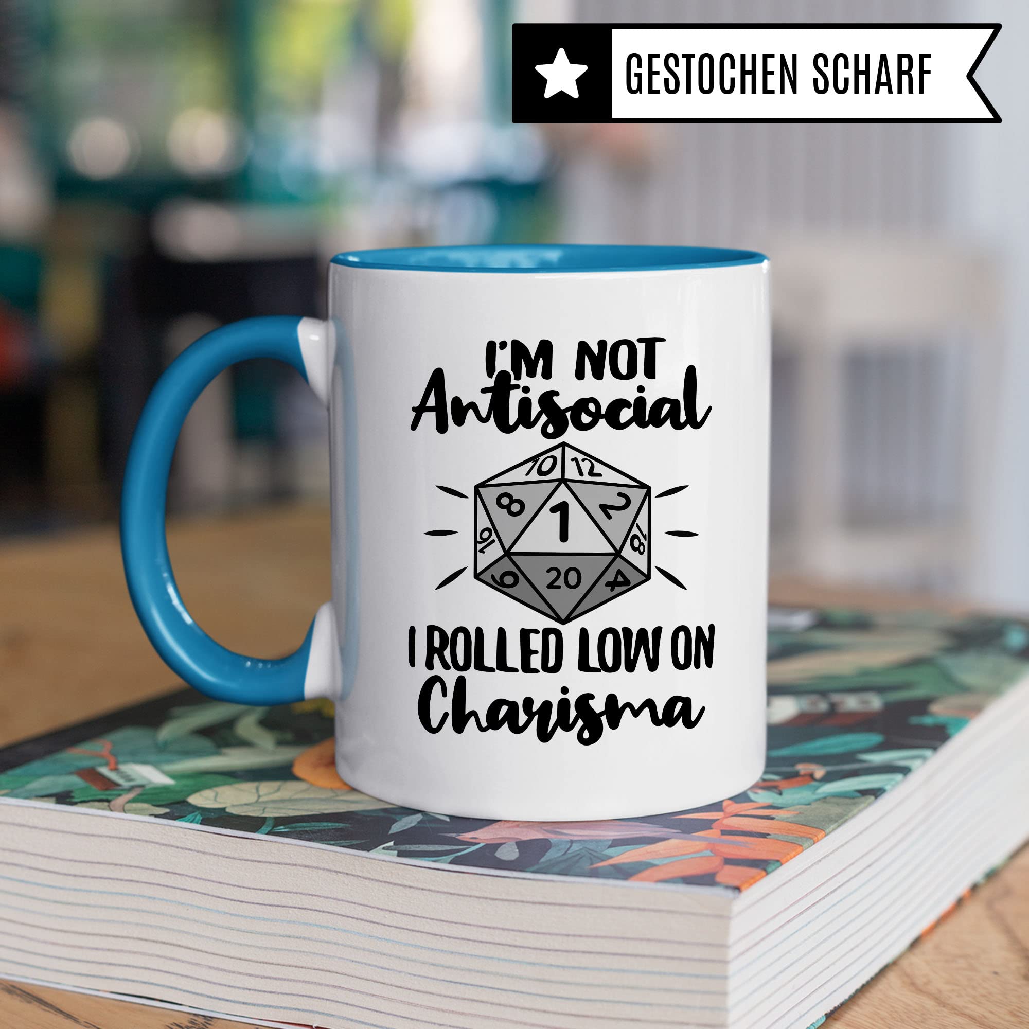 DnD Roleplay Tasse, I'm not Antisocial - I rolled low on Charisma Spruch, Geschenk Rollenspiel Spruch D20 Dice, Pen & Paper Tabletop D20 Würfel Motiv Kaffee-Becher Geschenkidee