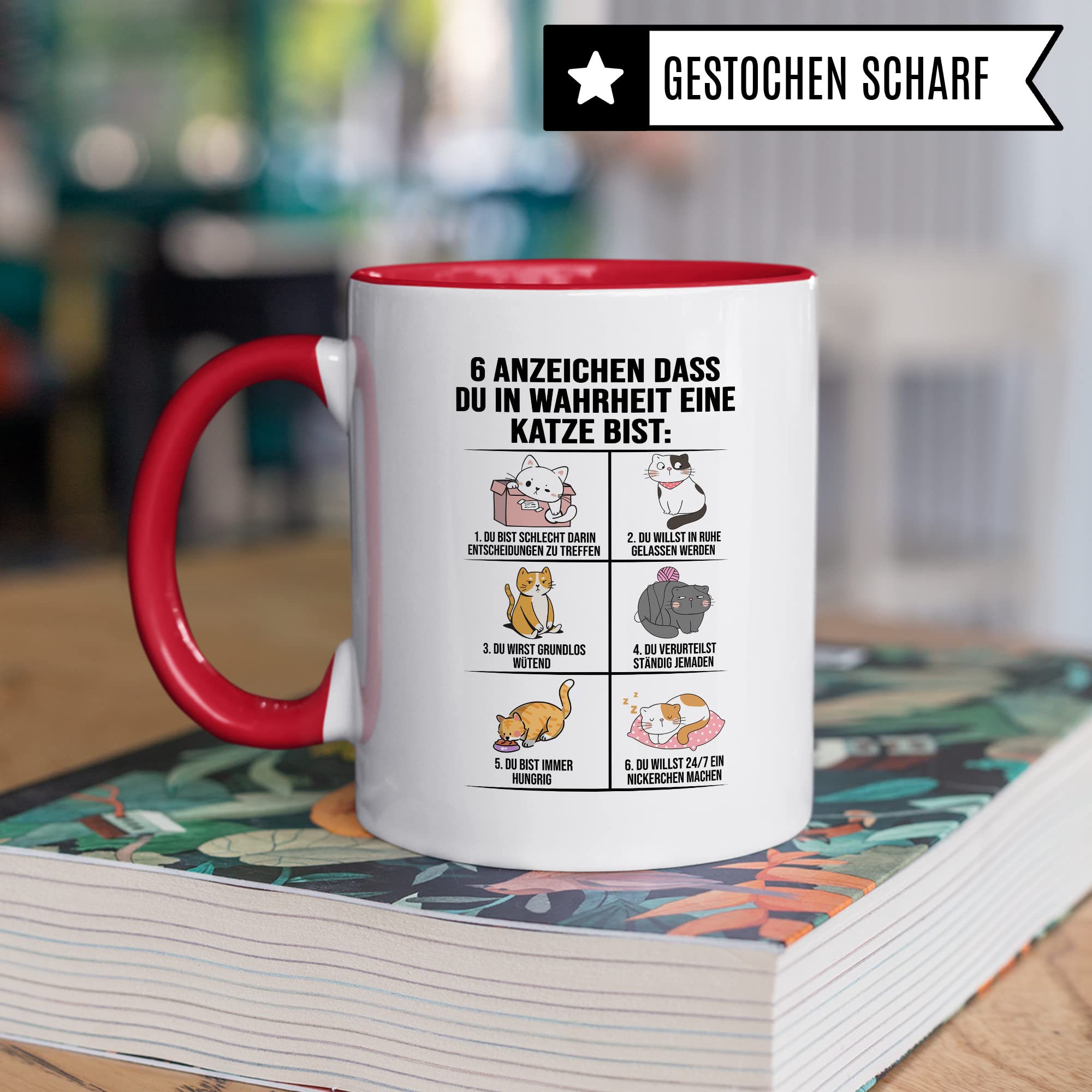 Lustige Tasse Katzen Kaffeetasse Humor Kaffee-Becher mit Spruch Katze Witz 6 Anzeichen dass du eine Katze bist Witz Katzenmama Geschenk Geschenkidee für Katzenliebhaber