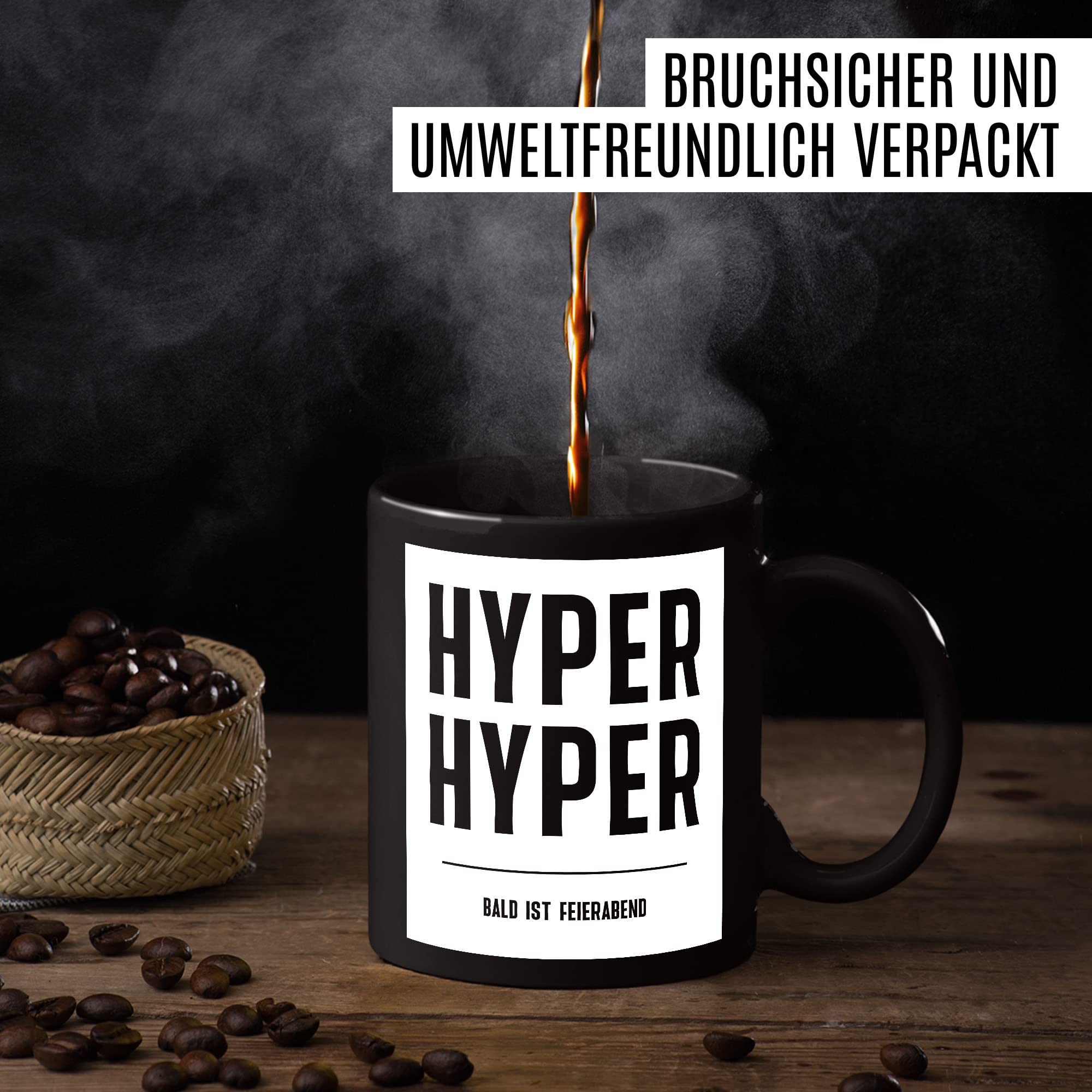 HYPER HYPER Tasse mit Spruch bald ist Feierabend Kaffeetasse lustig 90er Rave Kaffee-Becher Arbeit lustig Geschenkidee Kollegen Humor Scooter Büro Tasse Witz Geschenk Kollegin Kollege