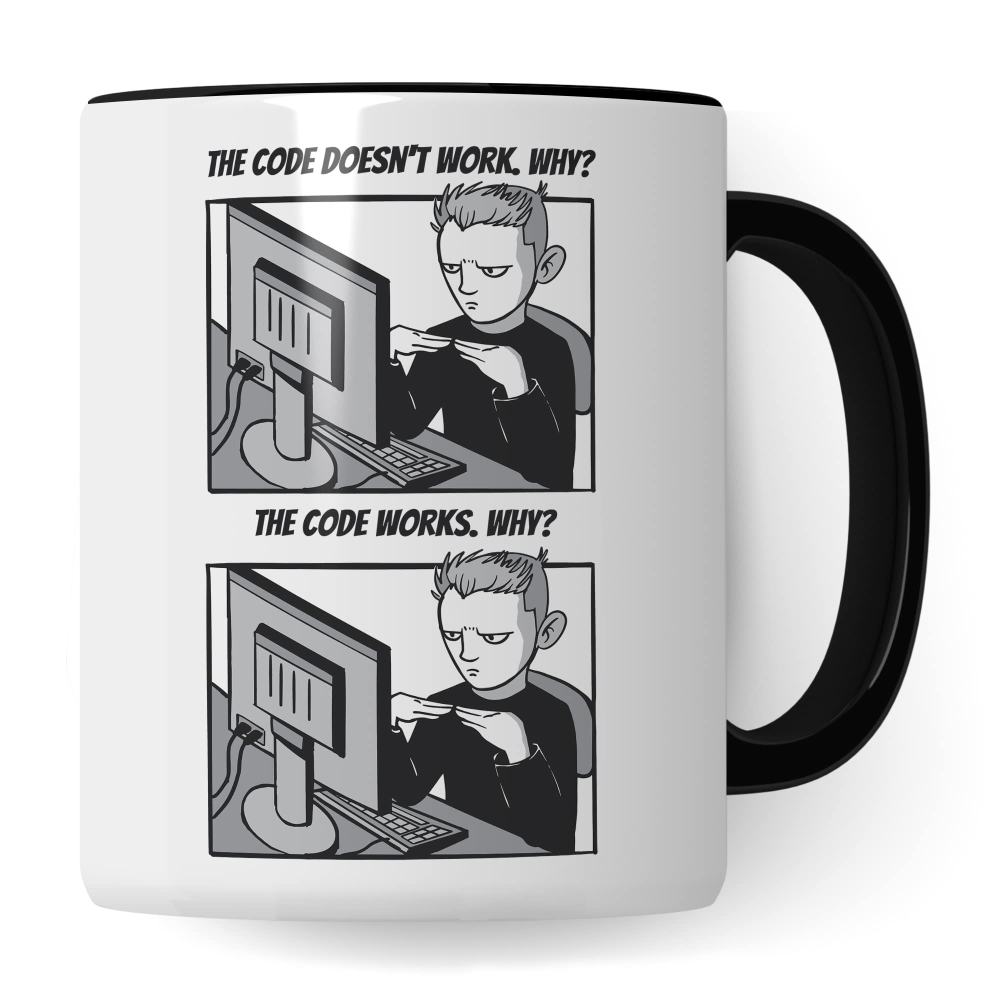 Informatik Geschenk Tasse, The Code doesn´t work - Why? Geschenkidee für Programmierer Kaffee-Becher Informatiker Programmieren Teetasse mit Spruch lustig