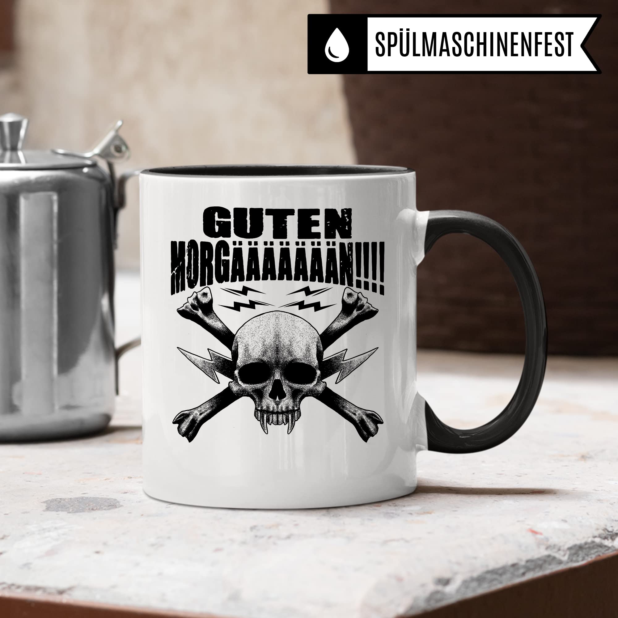 Tasse lustig Heavy Metal Rocker Kaffeetasse Metal Fan Geschenkidee Kaffee-Becher Metalic Rocker Geschenk Spruch lustig Humor Teetasse Witz GUTEN MORGÄÄÄN!!