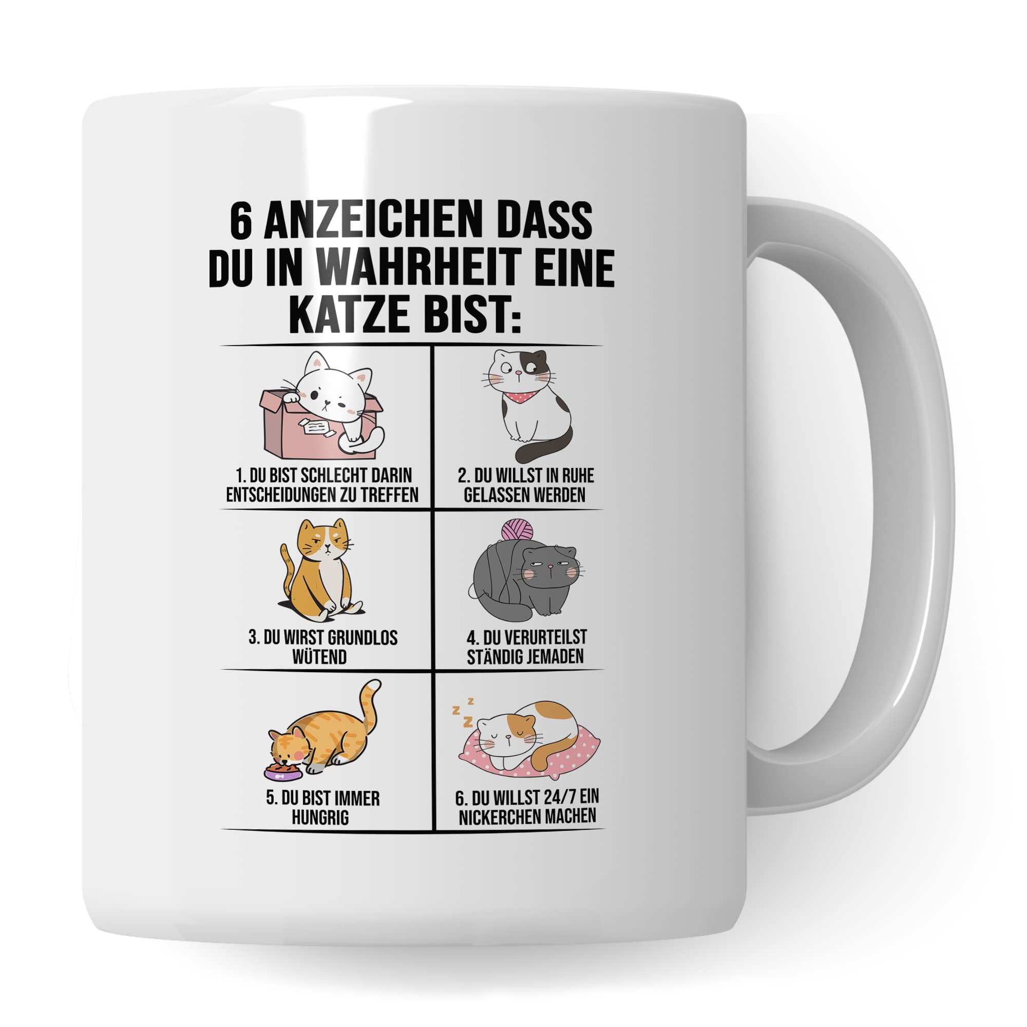 Lustige Tasse Katzen Kaffeetasse Humor Kaffee-Becher mit Spruch Katze Witz 6 Anzeichen dass du eine Katze bist Witz Katzenmama Geschenk Geschenkidee für Katzenliebhaber