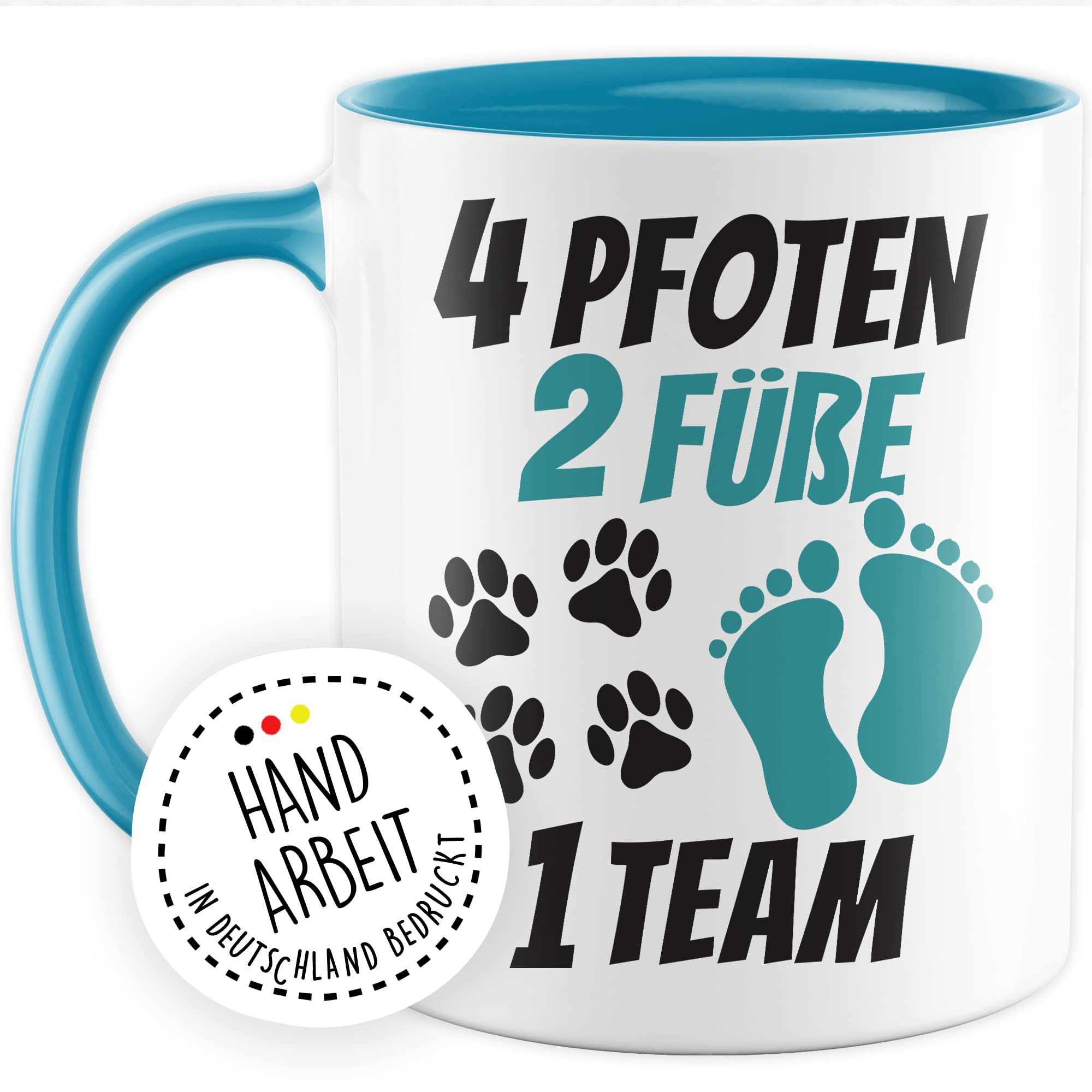 Tasse Hundebesitzer Geschenk, 4 Pfoten 2 Füße 1 Team Geschenkidee Kaffeetasse mit Spruch Hundehalter Hunde-Liebhaber Hund Kaffee-Becher Hand & Pfote Vierbeiner