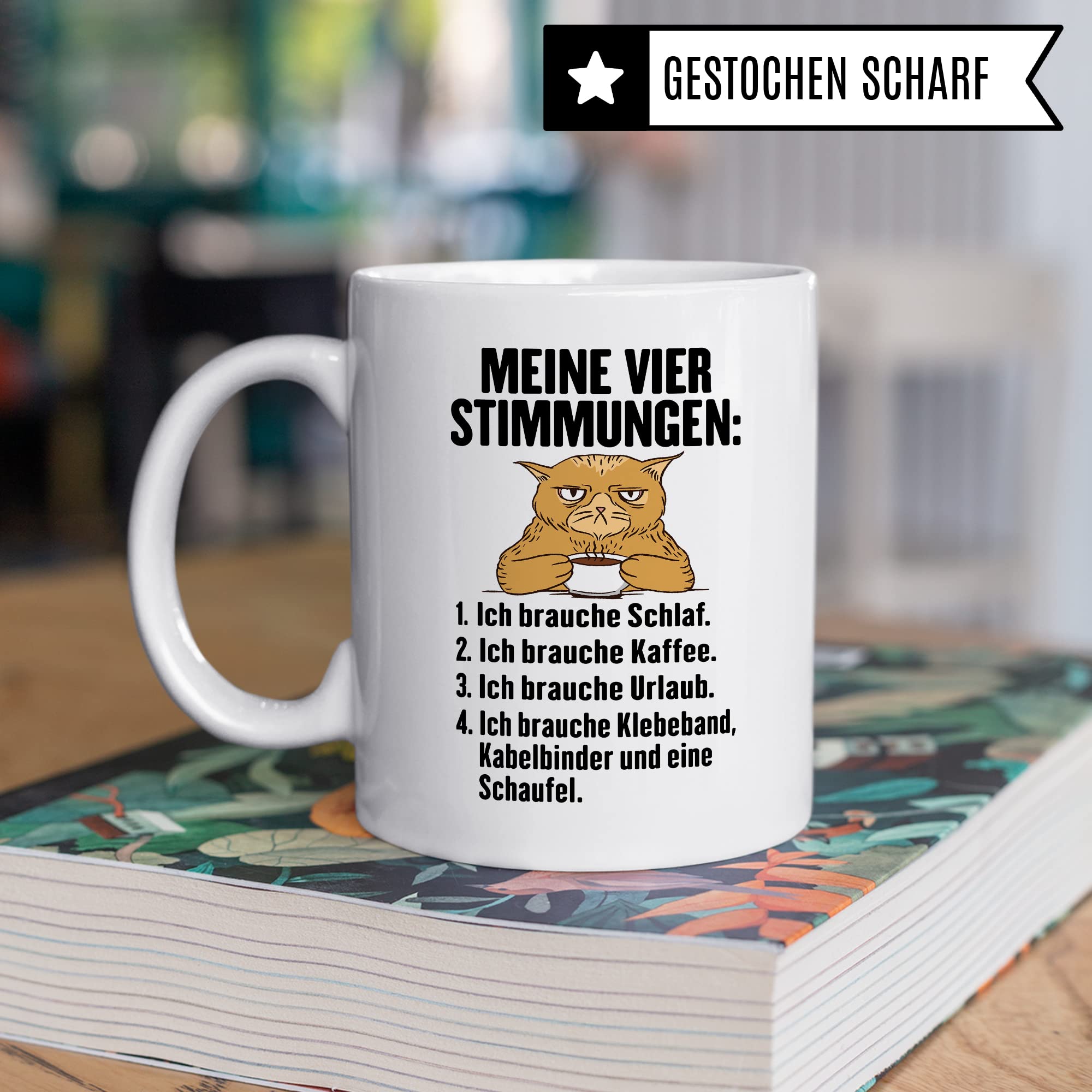 Tasse Humor Geschenk, Meine vier Stimmungen Kaffeetasse mit Spruch lustig Geschenkidee Kaffee-Becher Flachwitz humorvolle Teetasse Witzbold Humortasse