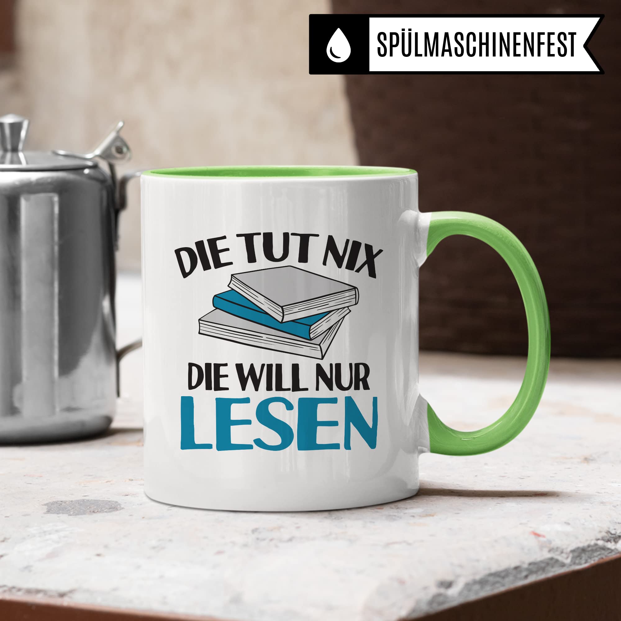 Lesen Tasse lustig Kaffeetasse mit Spruch Bücherwurm Geschenkidee Humor Kaffee-Becher Leseratte Geschenk Die tut nix Die will nur lesen Freundin Kollegin Buch Fan Geschenkartikel lustig Teetasse