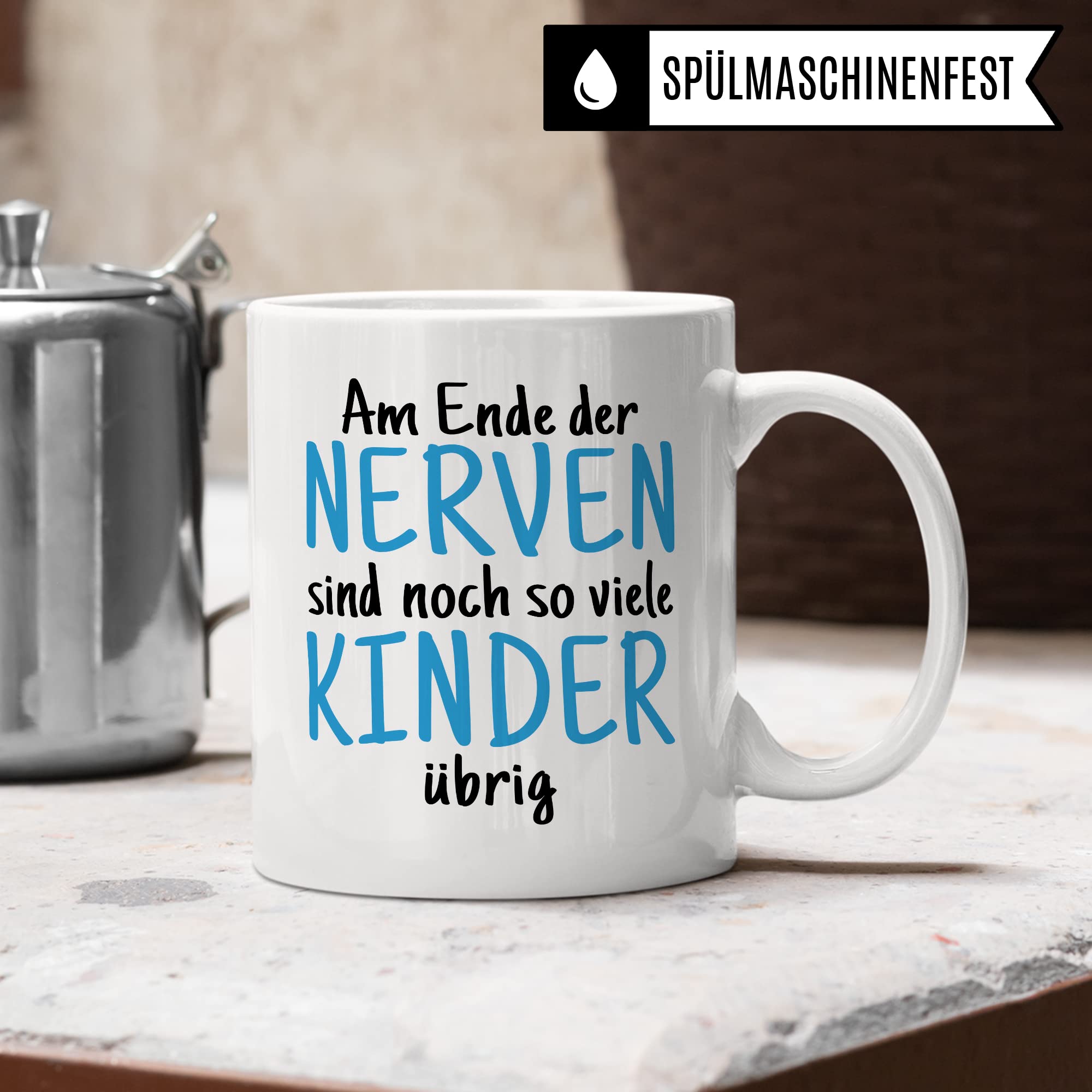 Tasse Eltern Geschenk, Am Ende der Nerven sind noch so viele Kinder über Geschenkidee Kaffeetasse Kaffee-Becher Tasse mit Spruch lustig Witztasse Mama Papa