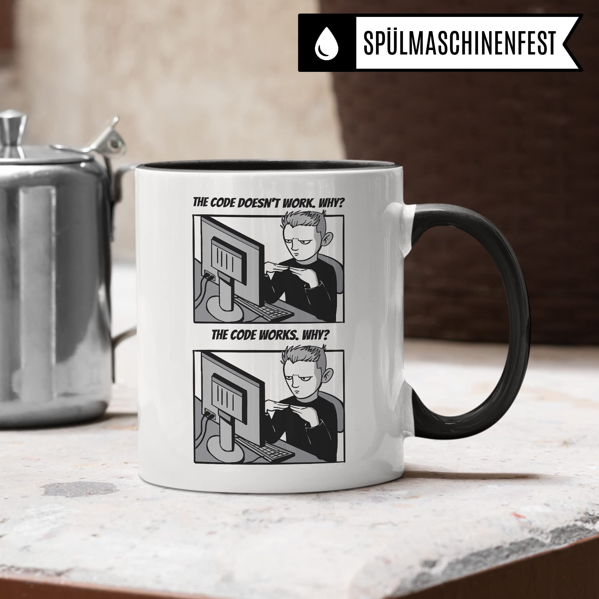 Informatik Geschenk Tasse, The Code doesn´t work - Why? Geschenkidee für Programmierer Kaffee-Becher Informatiker Programmieren Teetasse mit Spruch lustig