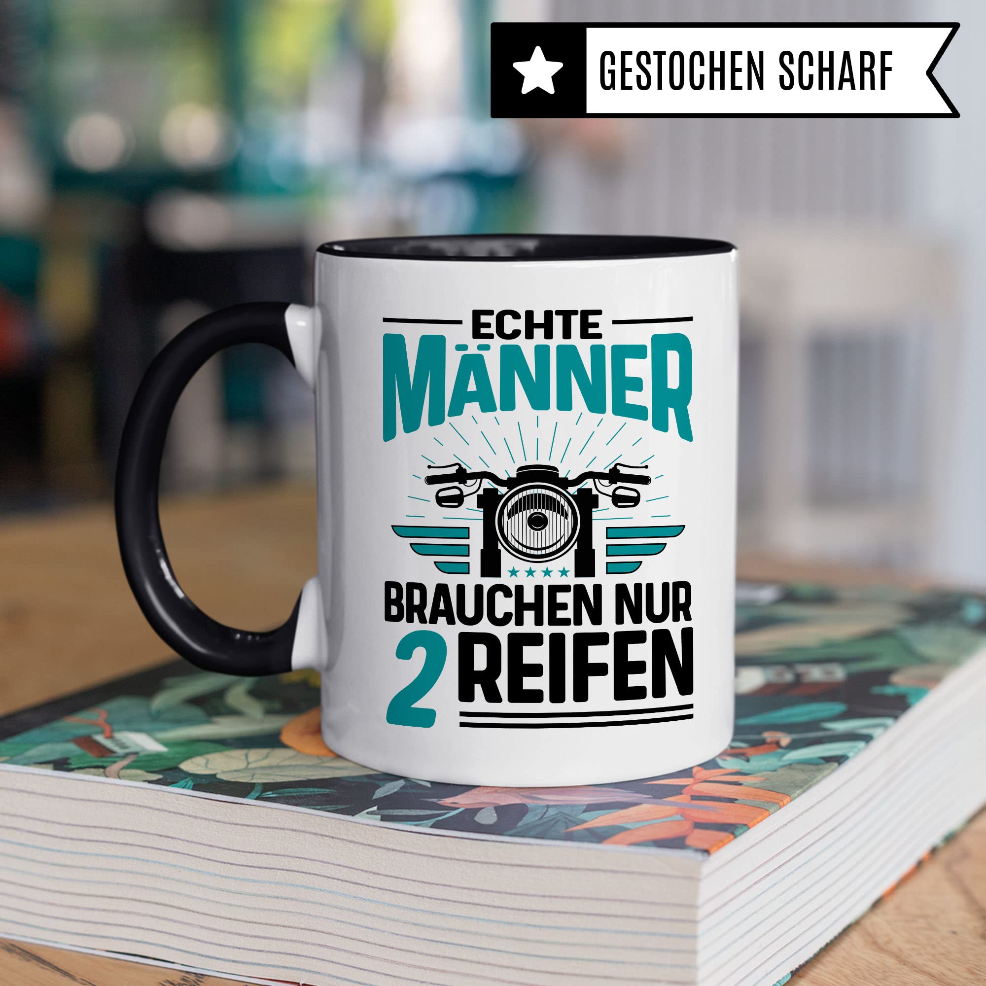 Tasse Motorrad Geschenk-Artikel , Echte Männer brauchen nur 2 Reifen Biker Spruch lustig Motiv Geschenkidee Kaffeetasse Motorradfahrer Männer Kaffee-Becher