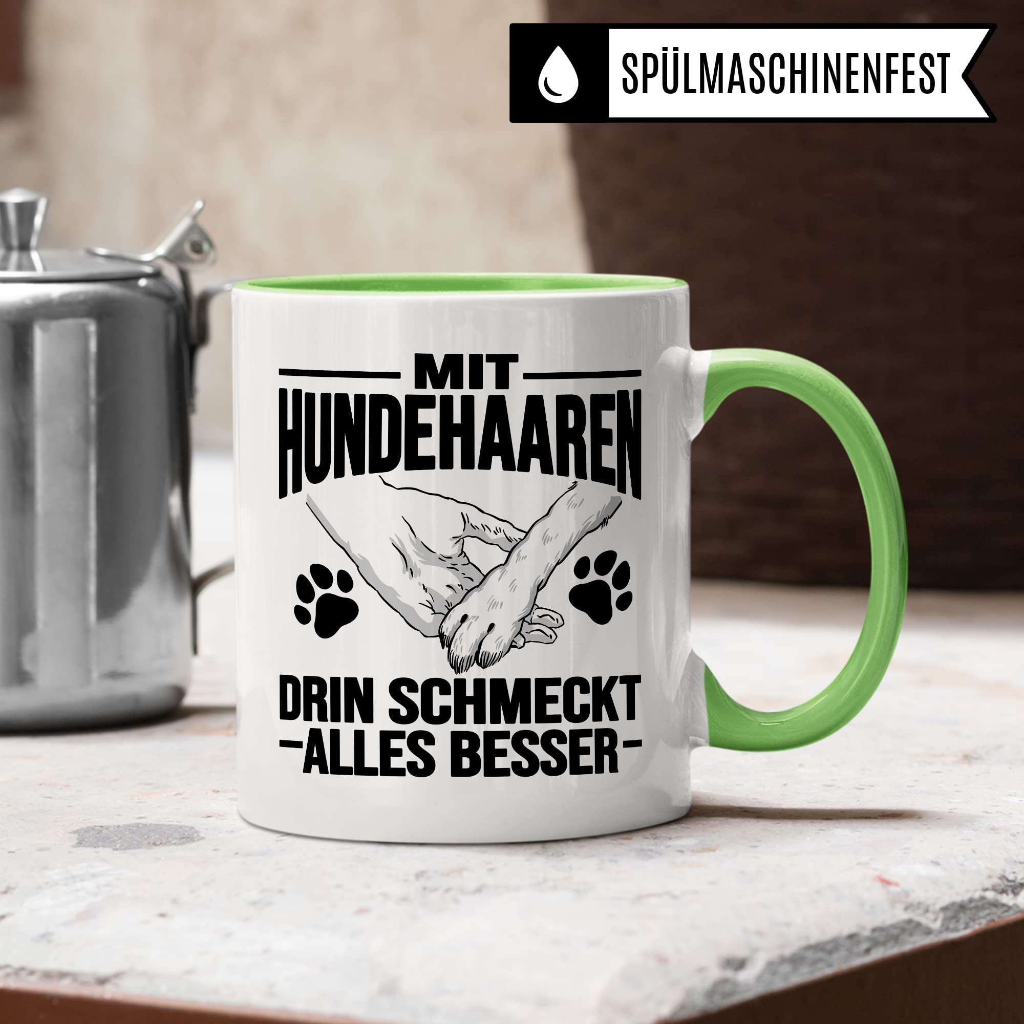 Hunde Tasse Geschenk, Mit Hundehaaren drin schmeckt alles besser Geschenkidee Hundebesitzer Kaffee-Becher Kaffeetasse Teetasse Hundehalter Hund Tasse mit Spruch lustig