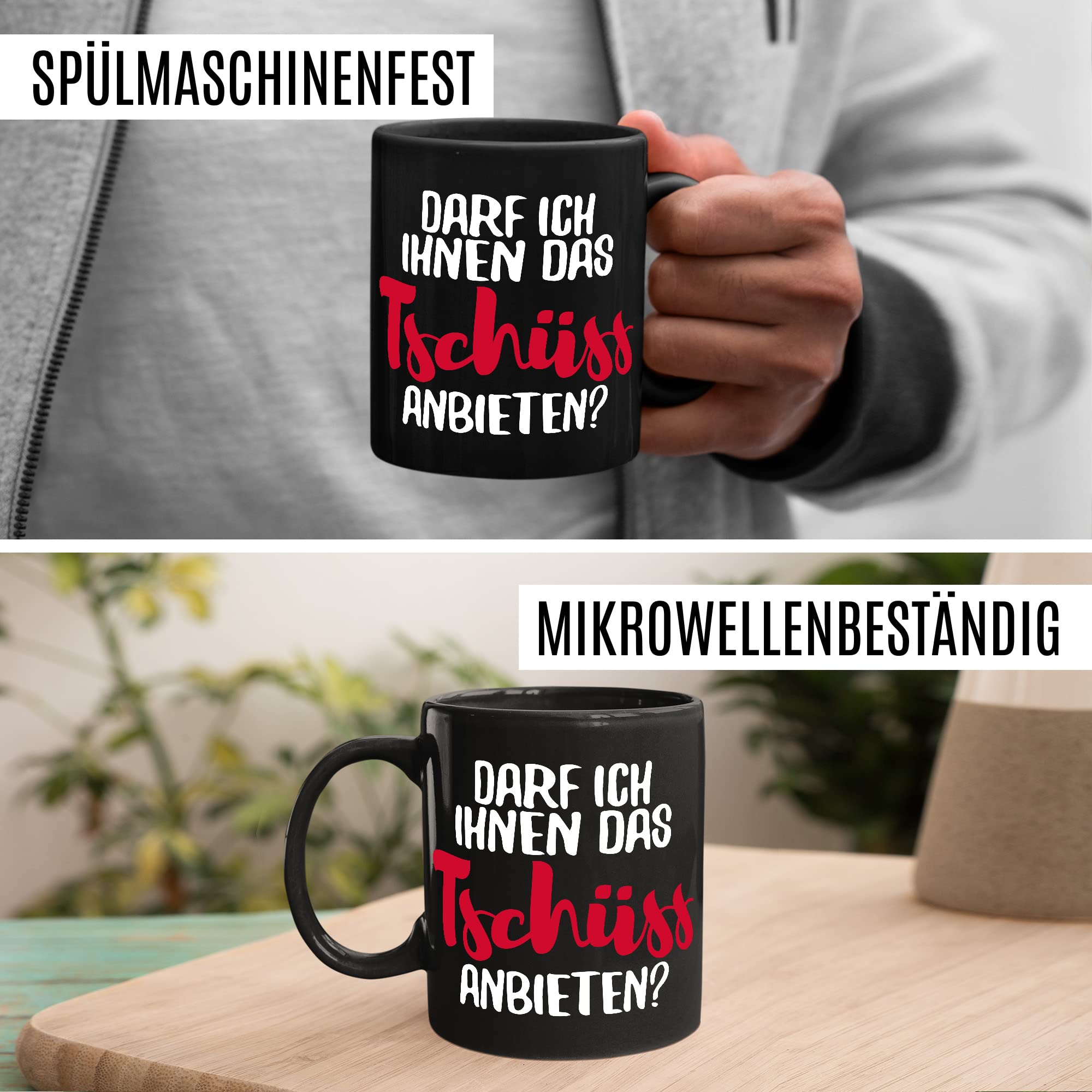 Tasse mit Spruch Büro lustig Kaffeetasse Arbeit Kaffee-Becher mit Witz Arbeitsplatz Job Geschenkidee Humor Geschenk Kollegin Chef Kollege Darf ich ihnen das tschüss anbieten Sarkasmus