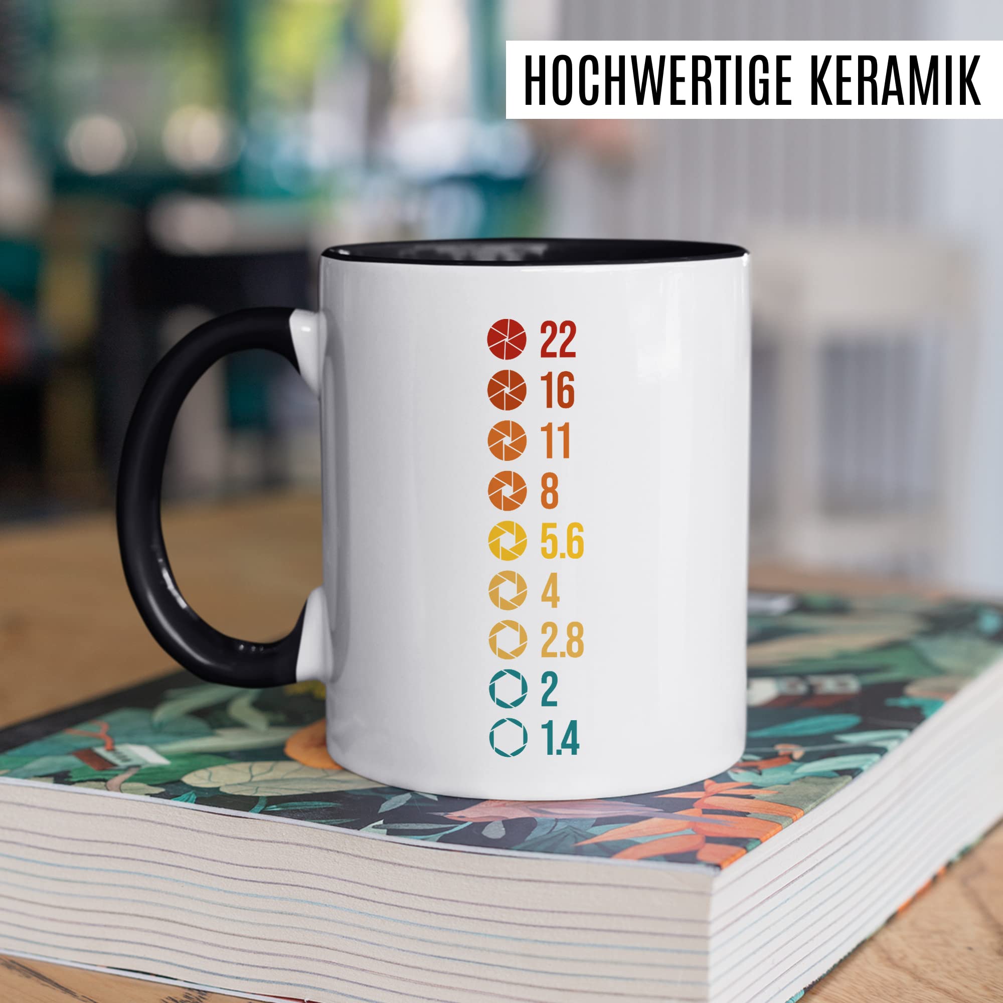 Tasse Kamera Geschenk, 22 16 11 8 Geschenkidee Kameramann Fotograf Blende Kaffee-Becher Kaffeetasse Tasse mit Blenden-Motiv fotografieren Kamera-Liebhaber Objektiv