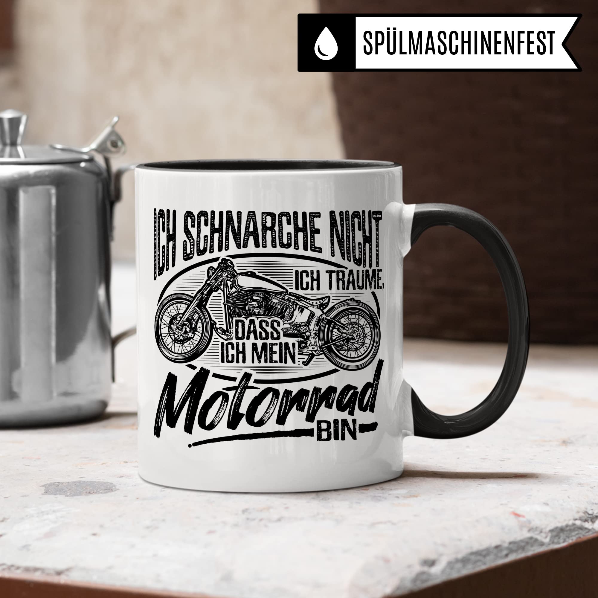 Motorrad Tasse mit Spruch, Ich schnarche nicht - Ich träume, dass Ich mein Motorrad bin, Biker Geschenk lustig Geschenkidee Kaffeetasse Motorradfahrer Motorradfahrerin Kaffee-Becher