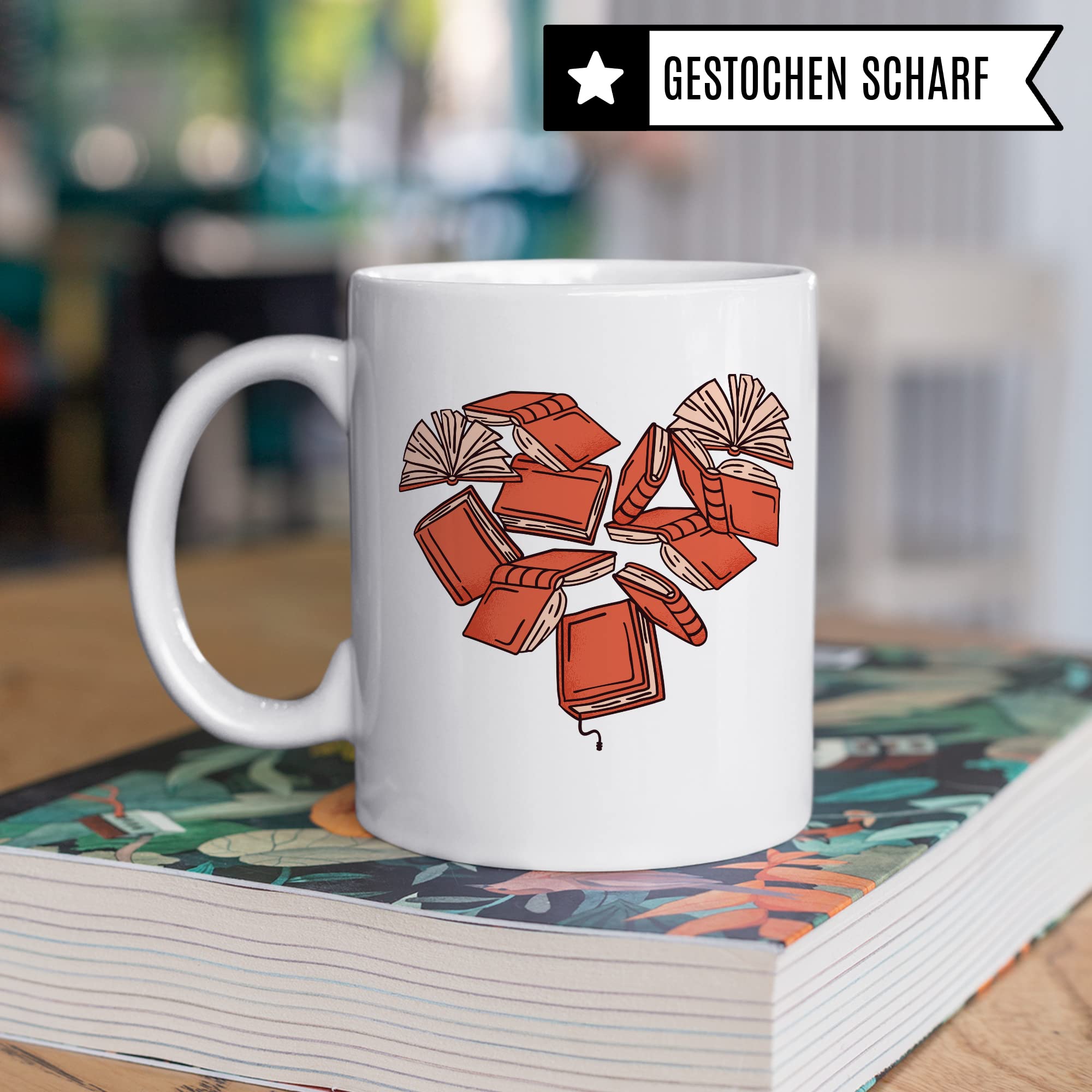 Tasse Herz Buch Motiv Kaffeetasse Leseratte Kaffee-Becher Bücherwurm Teetasse Geschenk Bücherliebe Geschenkidee Bücherliebe