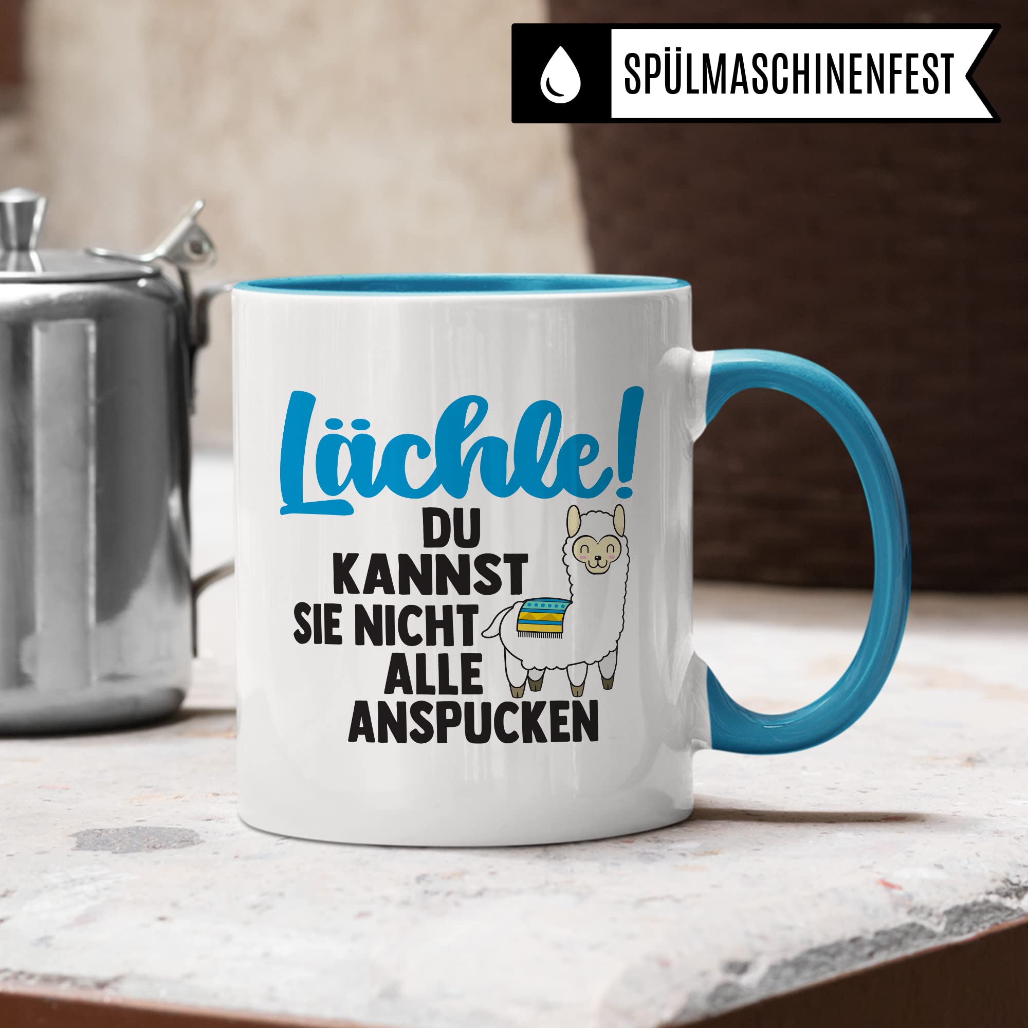 Tasse Lama Geschenk, Lächle! Du kannst sie nicht alle anspucken Geschenkidee Tasse mit Spruch lustig Kaffee-Becher Kaffeetasse Teetasse Humor Witz Witztasse Alpaka spucken