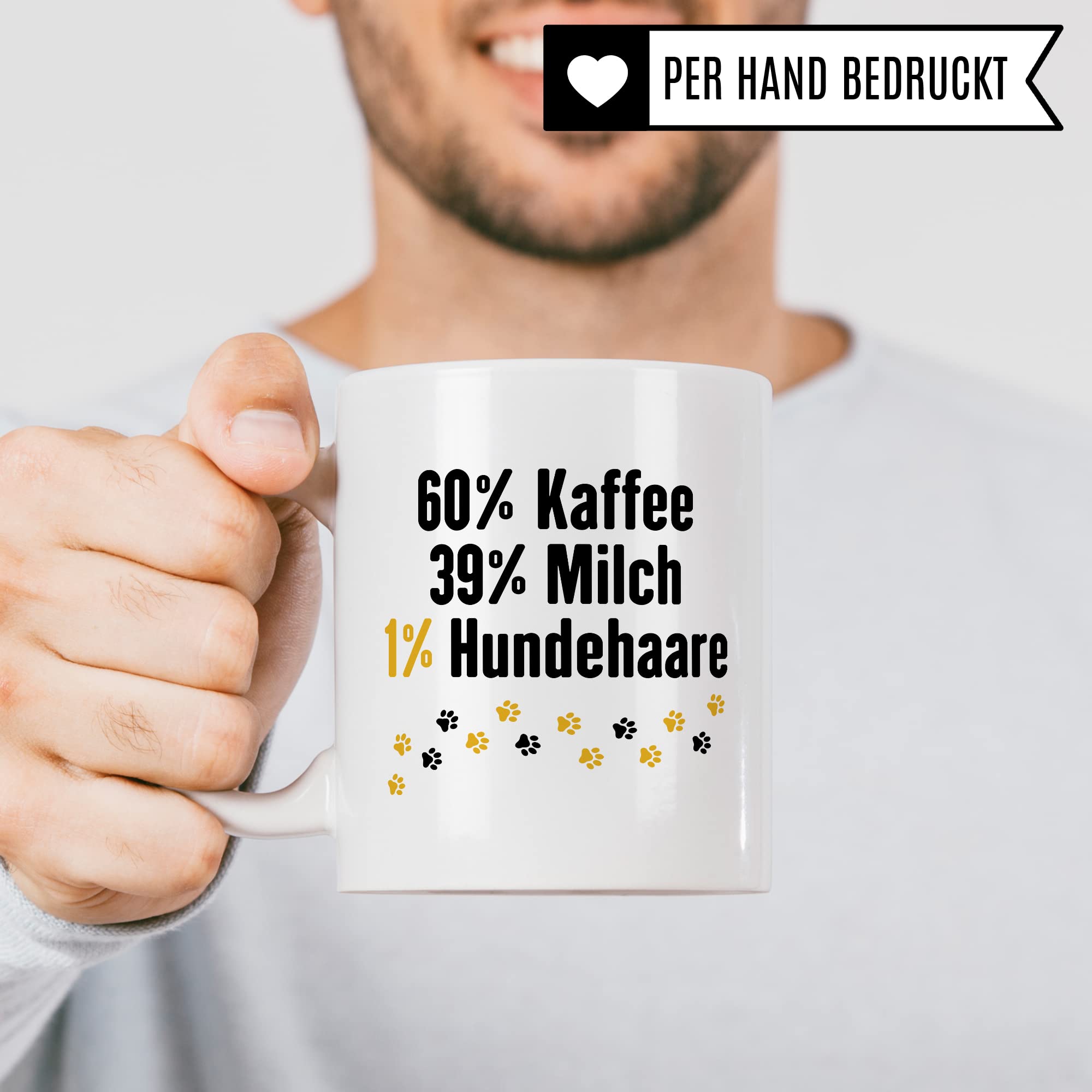 Hunde Tasse Spruch lustig, 60% Milch 39% Kaffee 1% Hundehaare Geschenk Hundehalter Geschenkidee Hundebesitzer Kaffee-Becher Herrchen Teetasse Kaffeetasse Hundeliebhaber