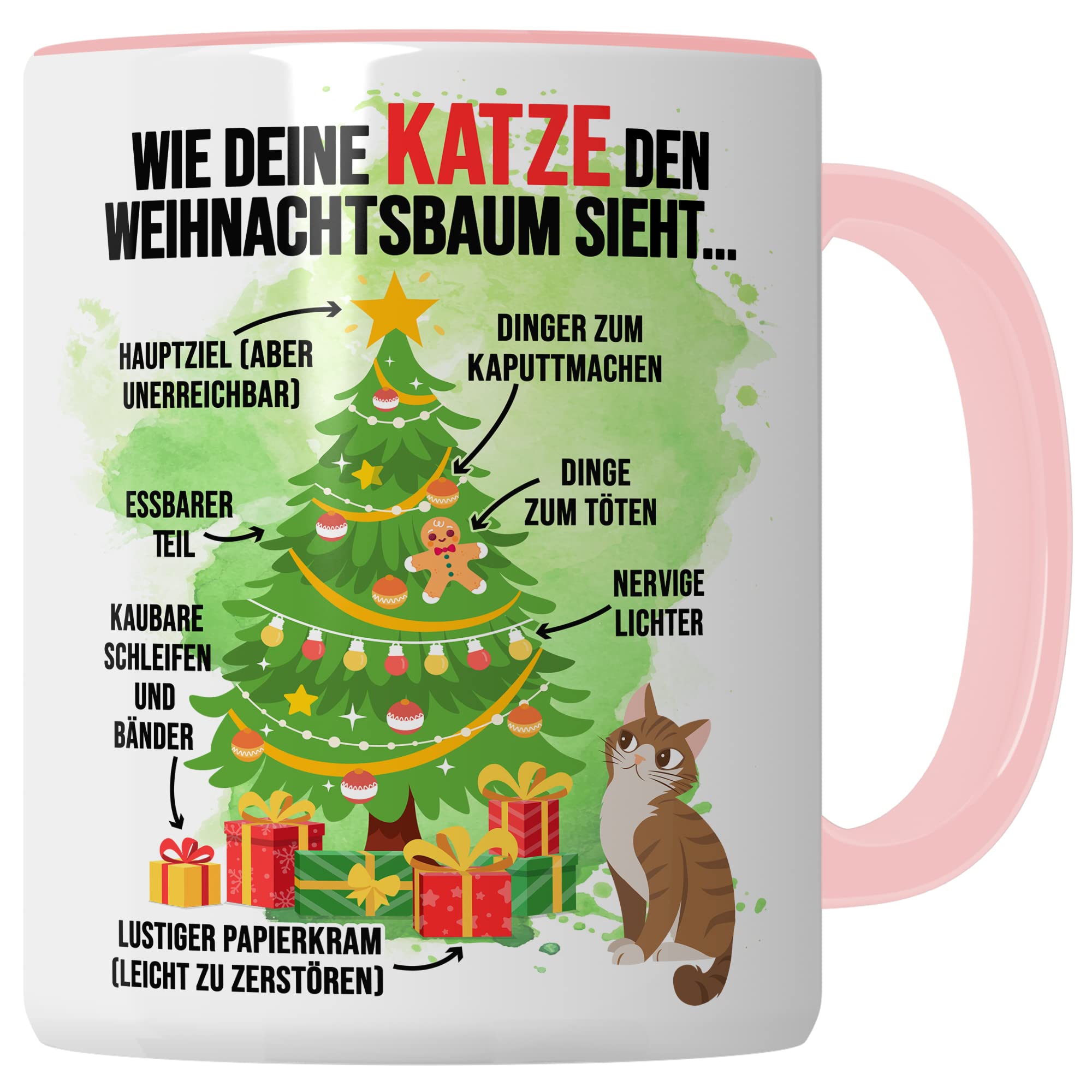 Katzen Tasse Weihnachten Kaffeetasse lustig Weihnachtsbaum Kaffee-Becher Katzenliebhaber Geschenkidee Vierbeiner Katzenhalter Geschenk Tasse mit Spruch Humor Sarkasmus Glühweintasse