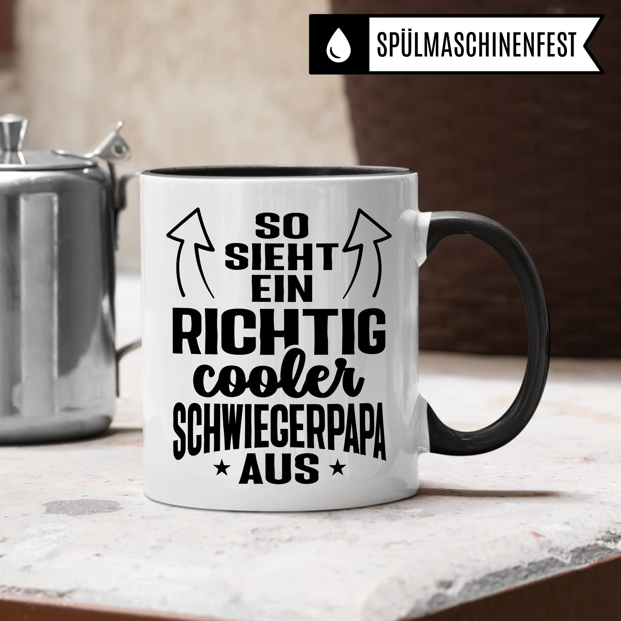 Tasse Geschenk Schwiegerpapa, So sieht ein richtig cooler Schwiegerpapa aus Geschenkidee Schwiegervater Kaffetasse mit Spruch Kaffee-Becher Familie Teetasse