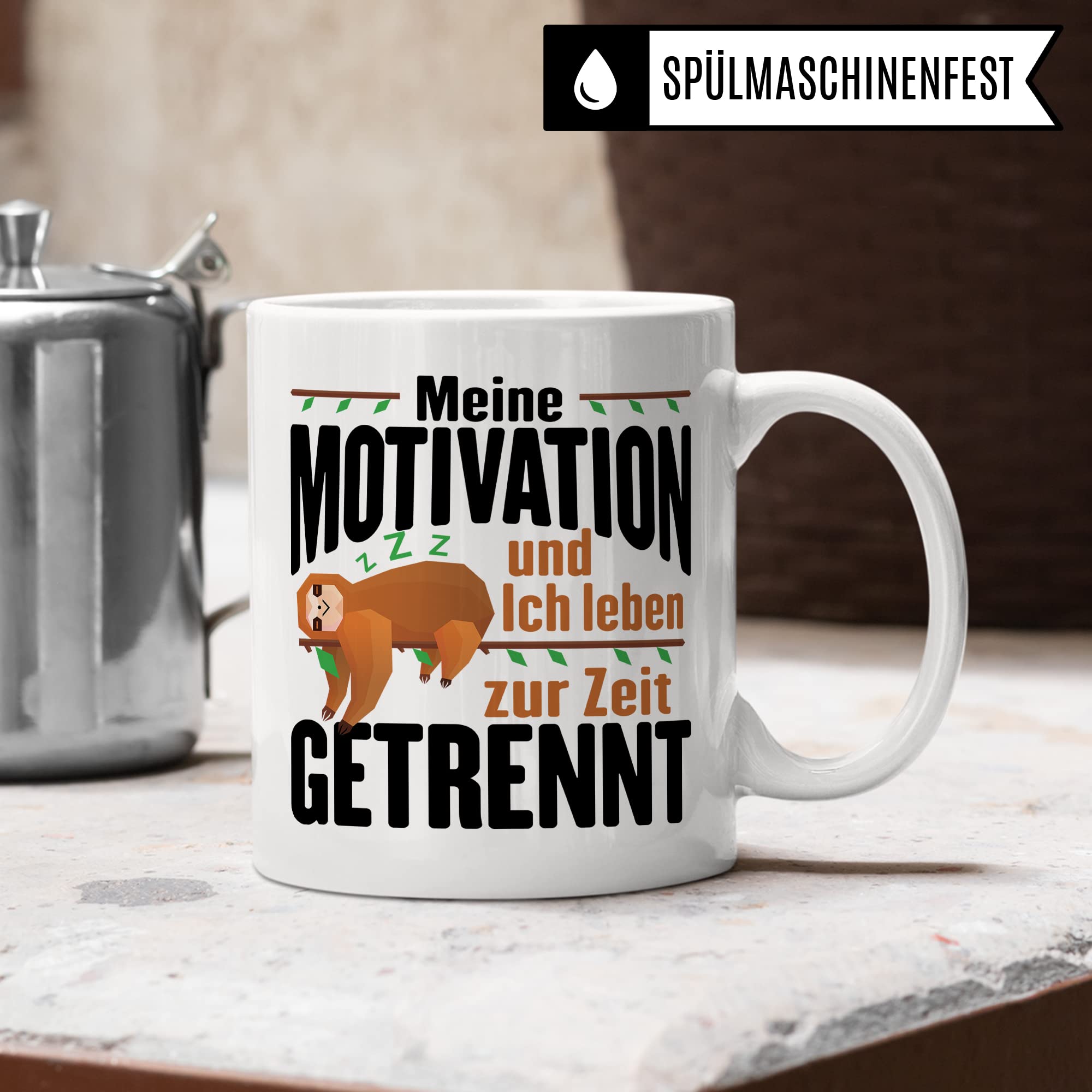 Lustige Tasse, Meine Motivation und Ich leben zur Zeit getrennt Spruch, Faultier Motiv Geschenk Büro, lustiger Spruch Beruf, Kollegen Geschenkidee, Kaffeetasse