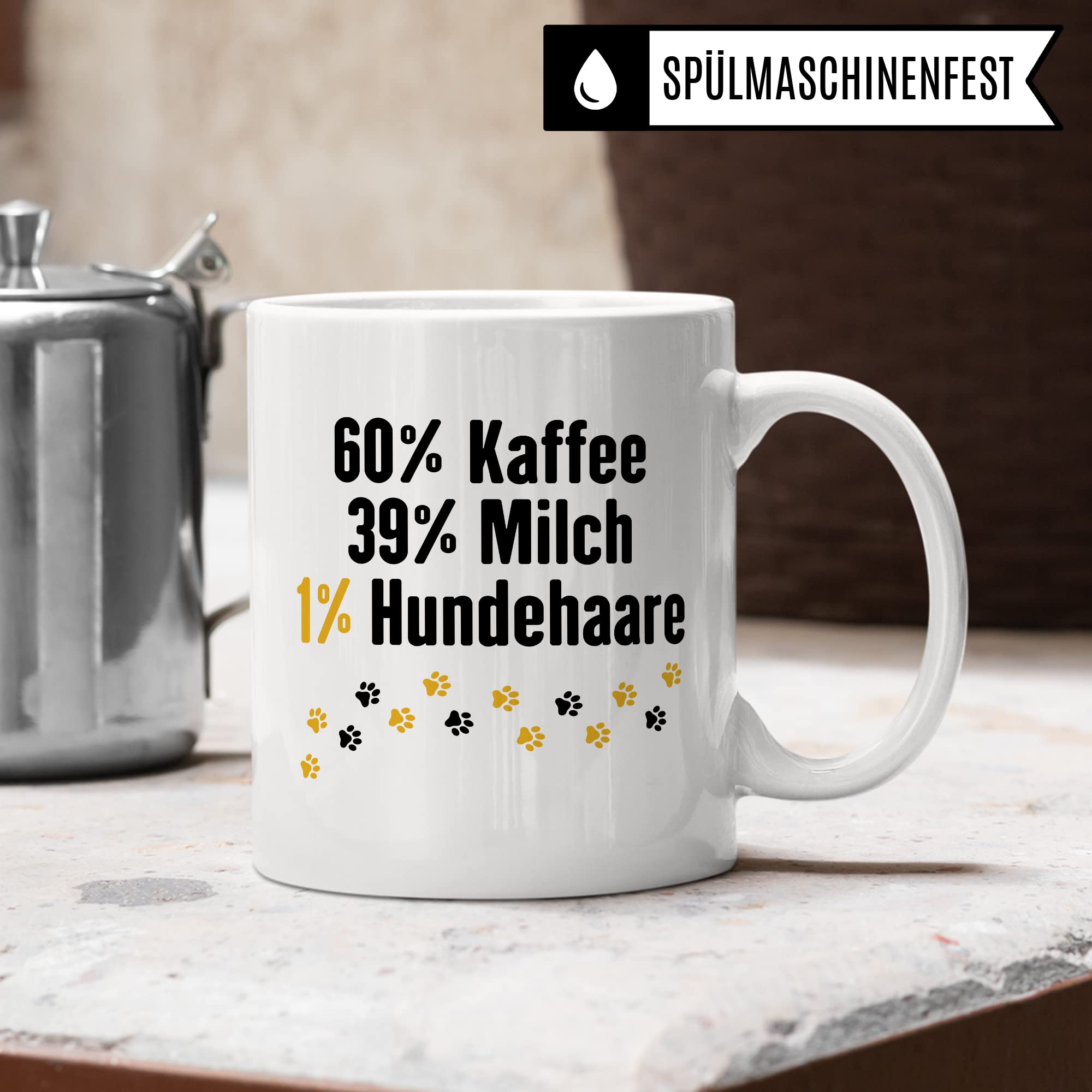 Hunde Tasse Spruch lustig, 60% Milch 39% Kaffee 1% Hundehaare Geschenk Hundehalter Geschenkidee Hundebesitzer Kaffee-Becher Herrchen Teetasse Kaffeetasse Hundeliebhaber