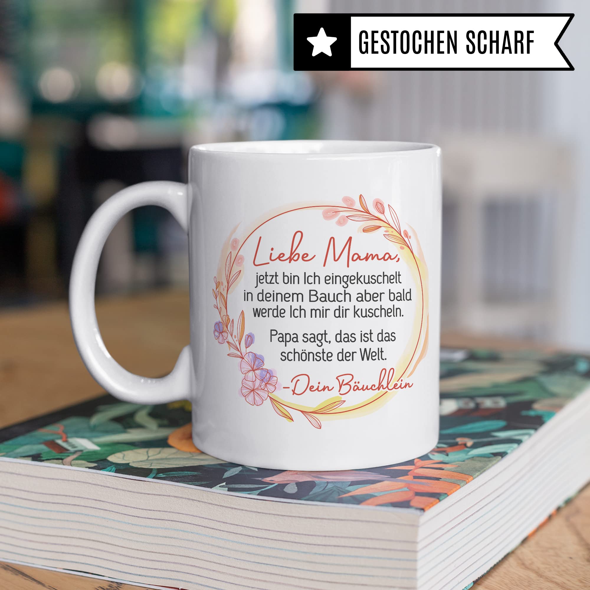 Tasse Mama Schwangerschaft, Liebe Mama, jetzt bin Ich eingekuschelt in deinem Bauch, Geschenk Schwanger, schöner Spruch Geschenkidee werdende Mutter Kaffee-Becher