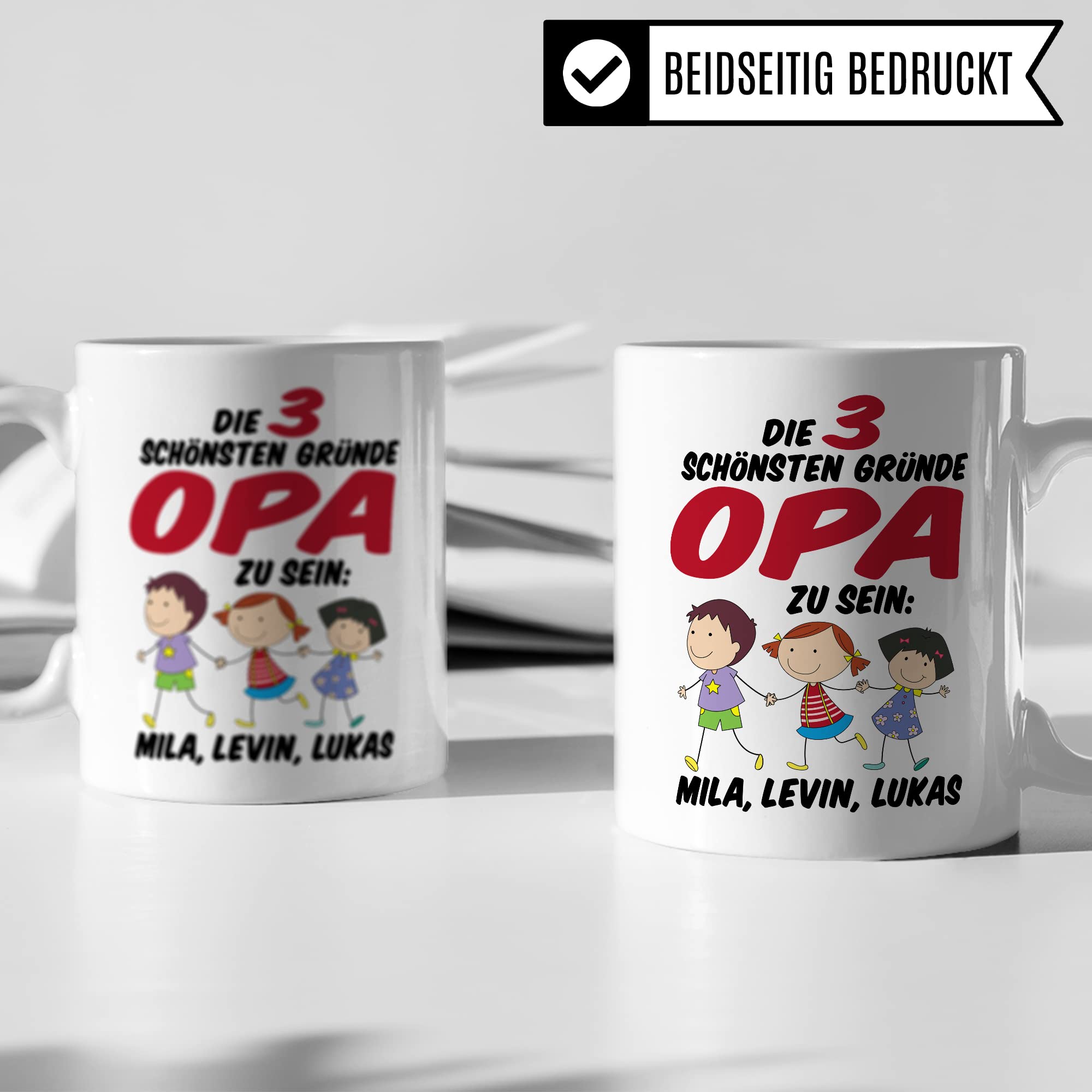 Tasse Opa personalisiert Geschenk, Die drei schönsten Gründe Opa zu sein Geschenkidee Enkel personalisierbar Kaffee-Becher Kaffeetasse mit Spruch eigene Namen Enkelkinder Großvater