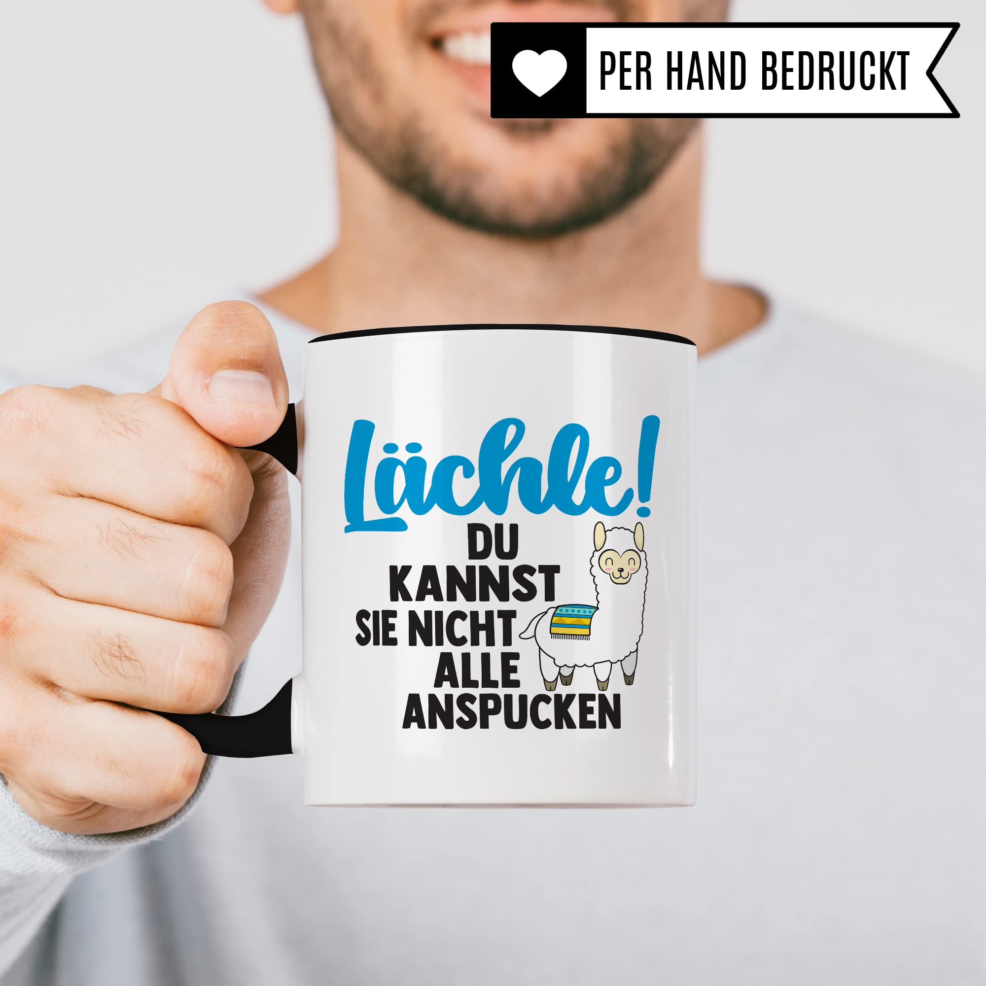 Tasse Lama Geschenk, Lächle! Du kannst sie nicht alle anspucken Geschenkidee Tasse mit Spruch lustig Kaffee-Becher Kaffeetasse Teetasse Humor Witz Witztasse Alpaka spucken