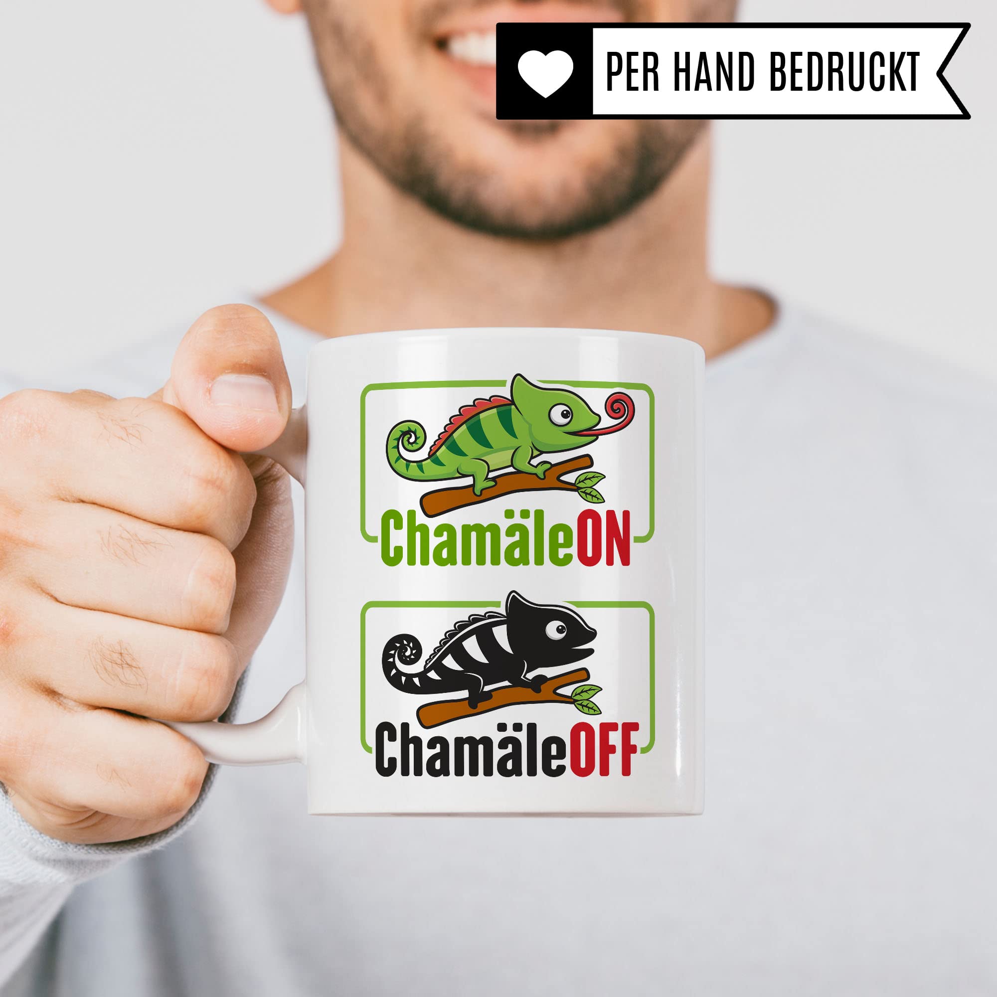 Tasse ChamäleON ChamäleOFF, Lustige Tasse mit Spruch und Tier Motiv, Büro lustig Sarkasmus Comic Witz Tiere Chamäleon Geschenk