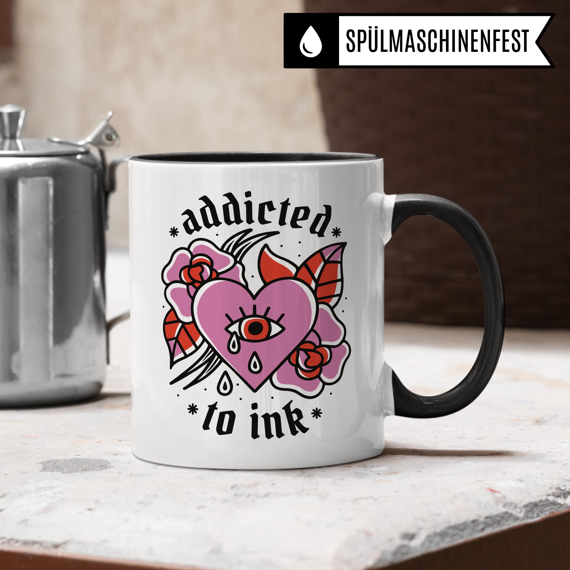 Tasse Tattoo, Addicted to Ink Tasse, Geschenk Tattowierer Tattoo Motiv Spruch, Geschenkidee Tattowierte Beruf Tattoowierer Kaffeetasse schönes Motiv