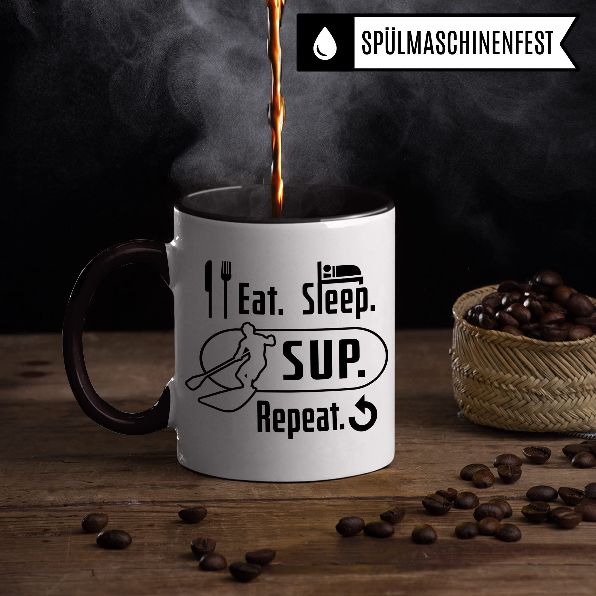 Stand Up Paddling Tasse Geschenkidee, Kaffeebecher für Stand Up Paddling Geschenk, Stand Up Paddle Kaffeetasse, Eat sleep SUP repeat Becher