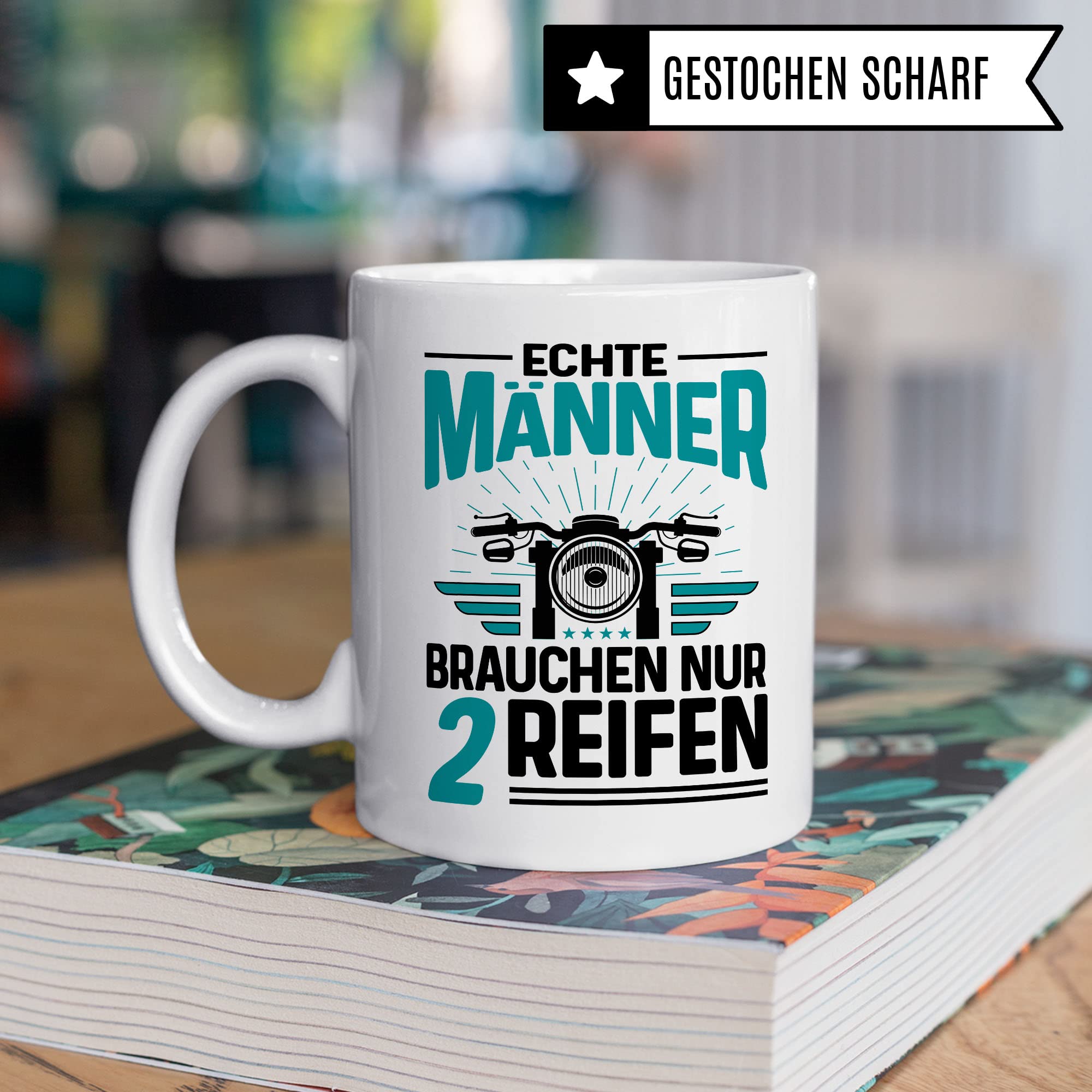 Tasse Motorrad Geschenk-Artikel , Echte Männer brauchen nur 2 Reifen Biker Spruch lustig Motiv Geschenkidee Kaffeetasse Motorradfahrer Männer Kaffee-Becher