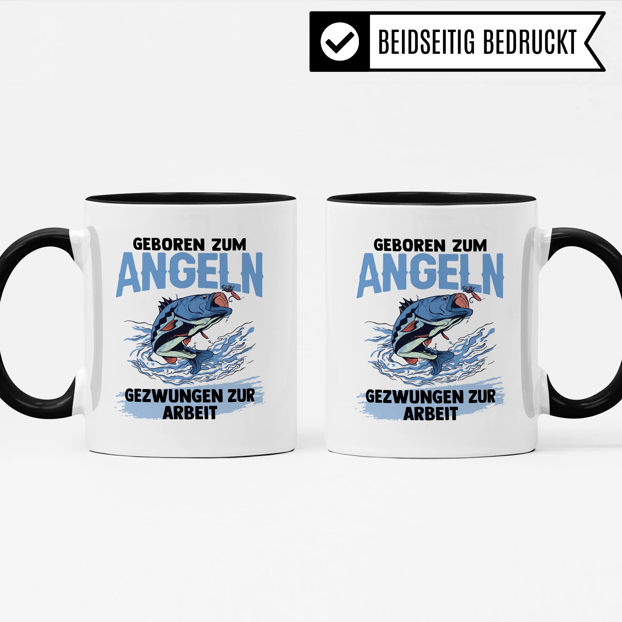 Tasse Angler, Geboren zum Angeln - Gezwungen zur Arbeit Geschenk Geschenkidee Fischer Bürogeschenk Kaffeetasse mit Spruch lustig Kaffee-Becher