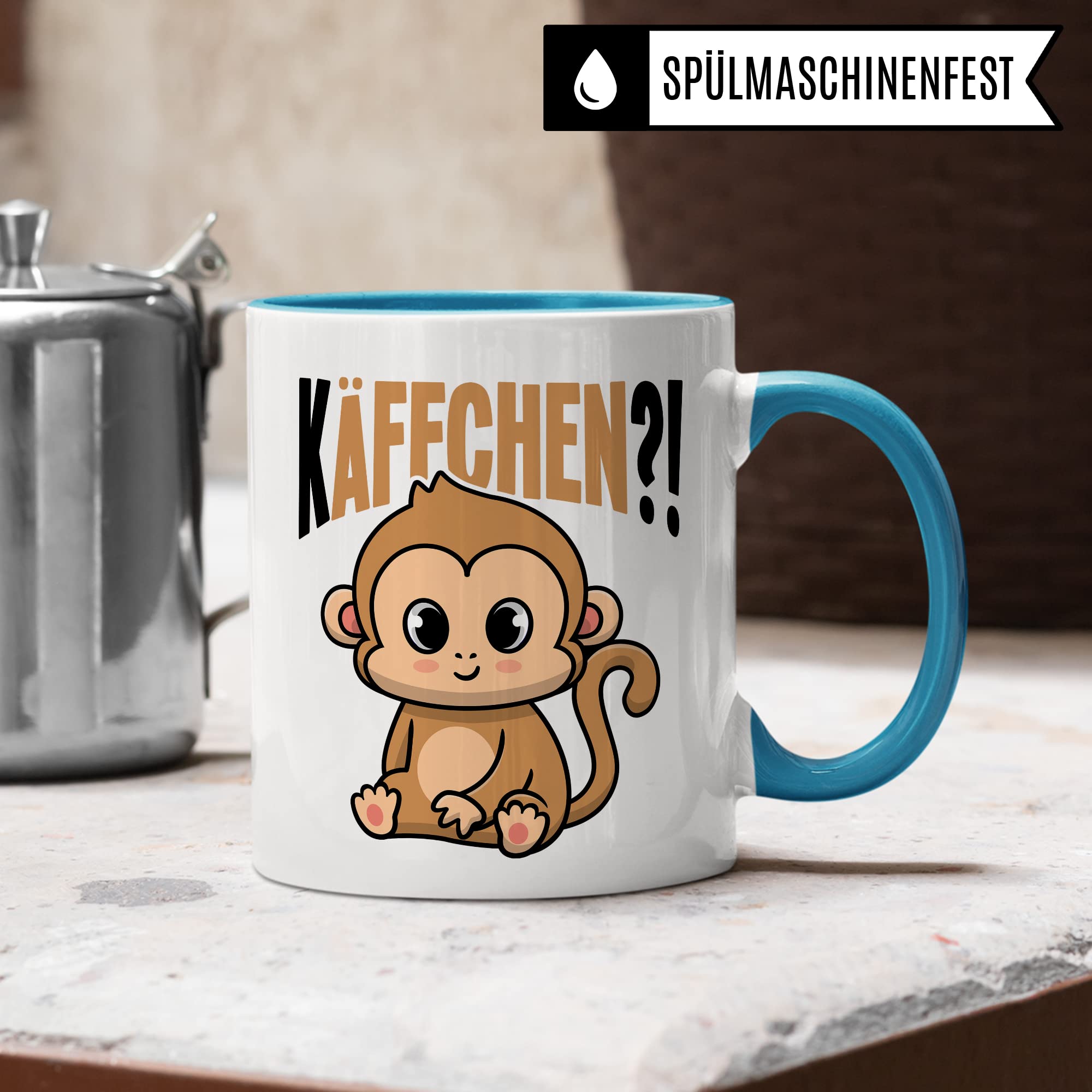 Käffchen Tasse Geschenk Kaffeetasse mit Spruch lustig Kaffee-Becher mit Affen-Motiv Teetasse Geschenkidee Kaffee-Liebhaber Kaffeetrinker und Kaffee-Fans Kaffee-Verehrer