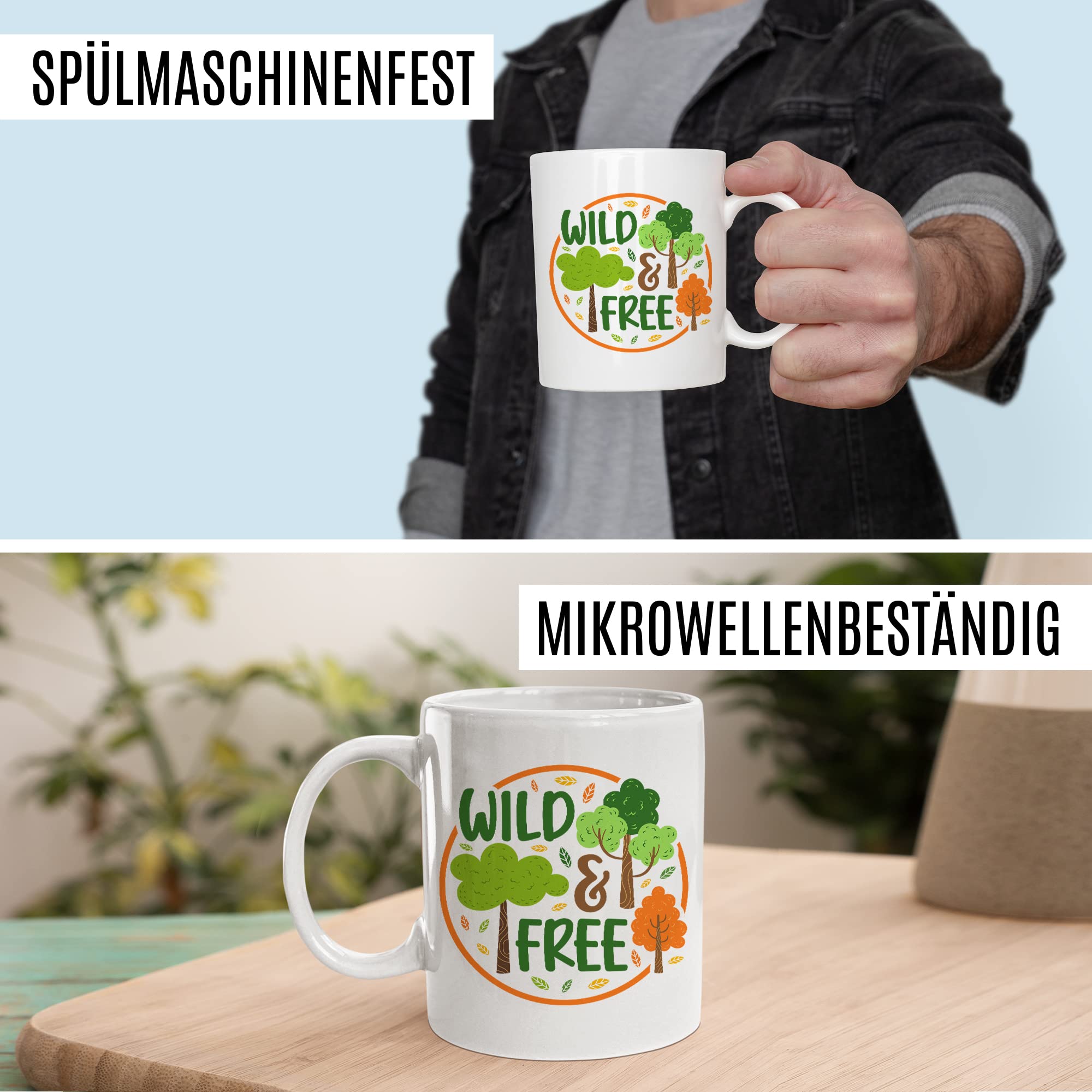 Wild & Free Becher Tasse Wohnmobil Wohnwagen Kaffeetasse Camping Geschenk Camper Kaffee-Becher Geschenkidee Outdoorfans Camperin Zelten Abenteuer Reisen Spruch Campingurlaub