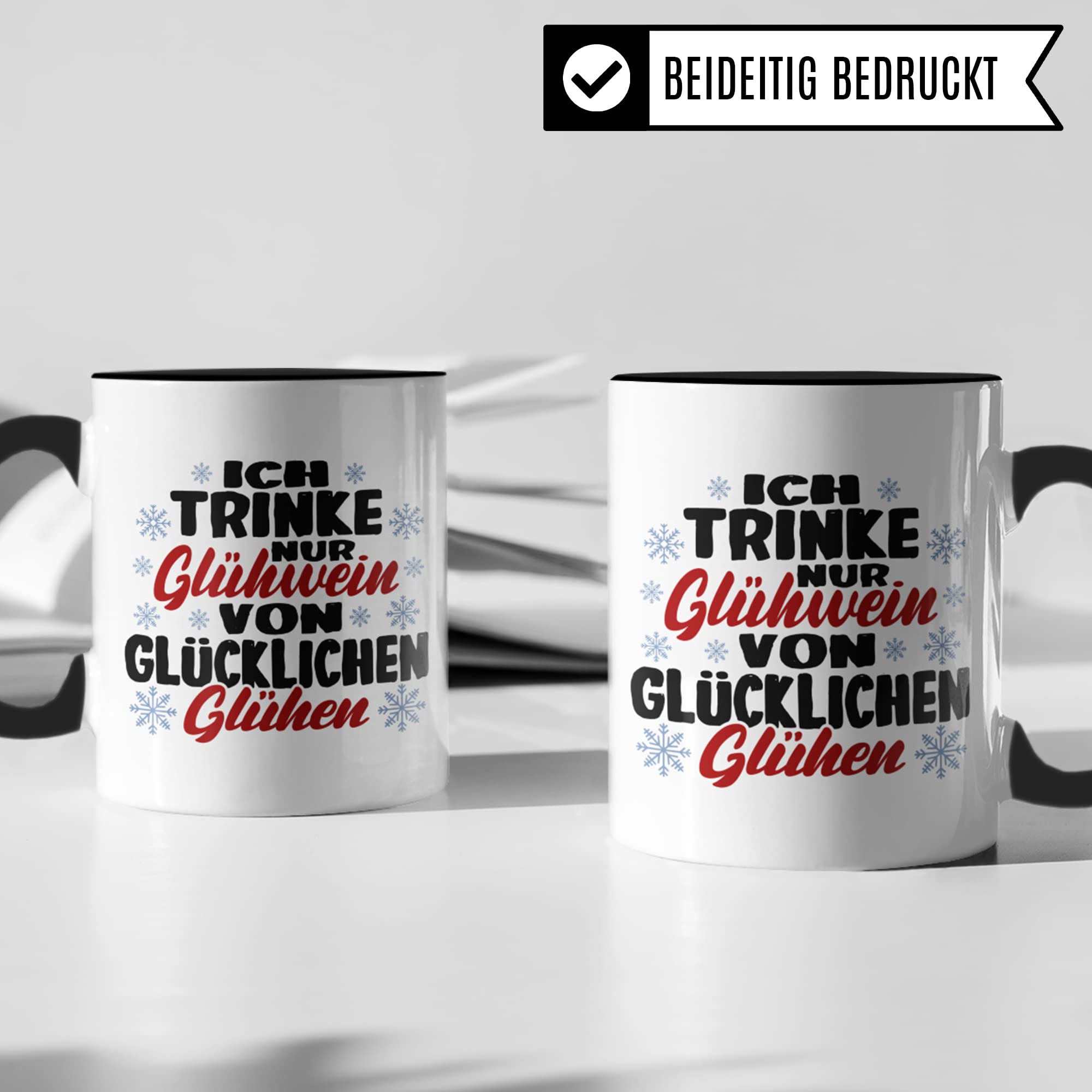 Tasse mit Spruch: "Glühwein von glücklichen Glühen" Geschenk Weihnachten Winter Glühwein-Becher Geschenkidee Punsch lustig