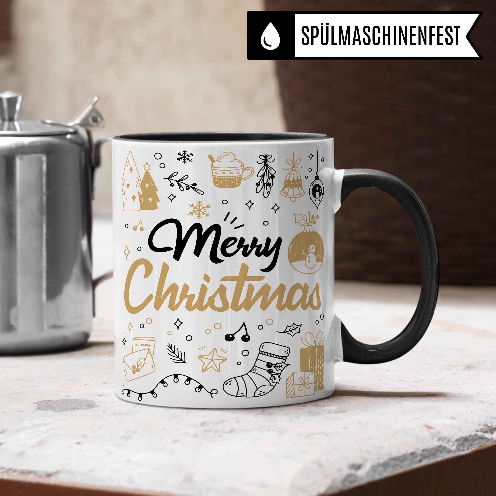 Merry Christmas Tasse Weihnachten Kaffeetasse xmas Geschenk Kollegen Geschenkidee Mama Advent Glühwein-Becher Tee Oma Deko Winter weihnachtlich Rot Gold Amerikanisch