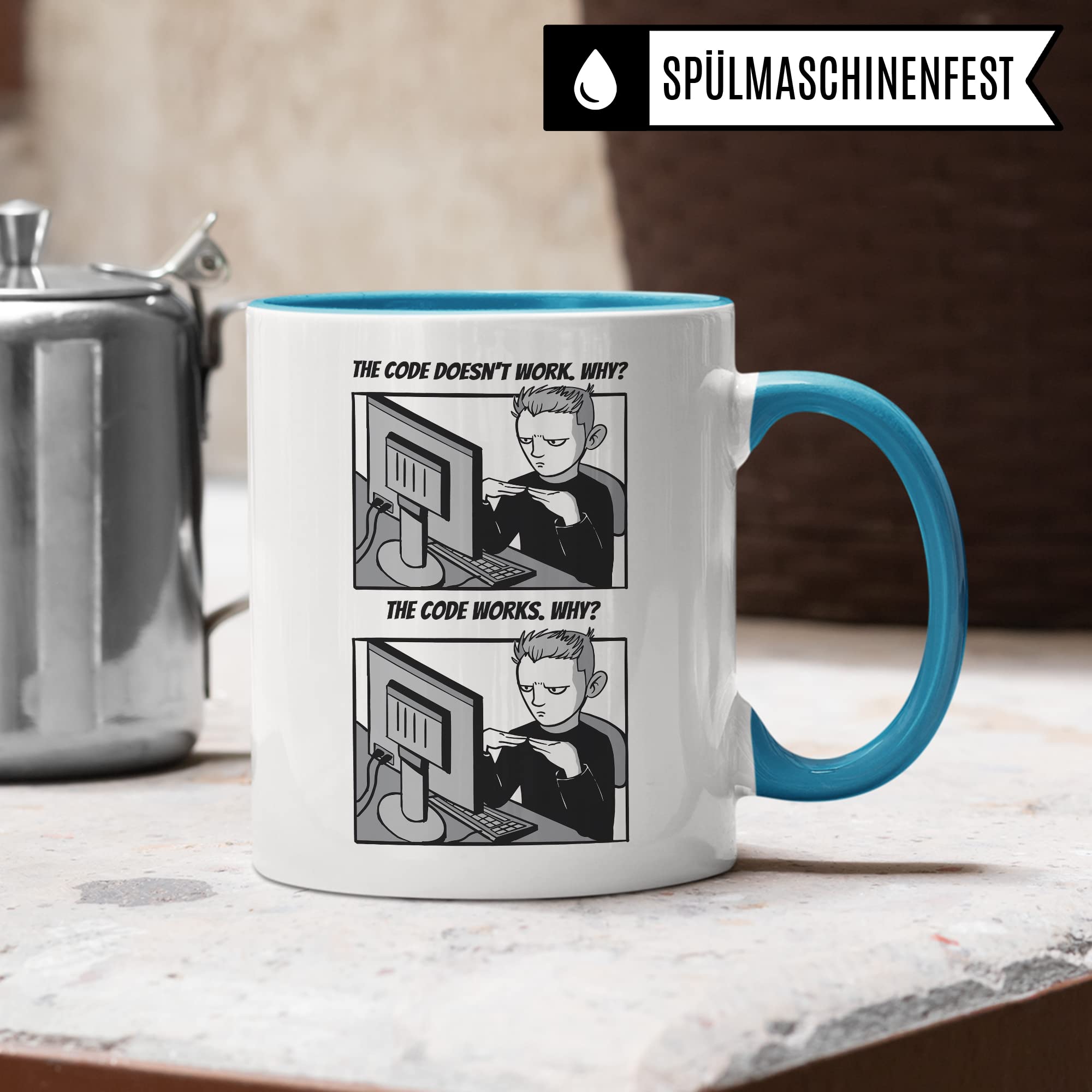 Informatik Geschenk Tasse, The Code doesn´t work - Why? Geschenkidee für Programmierer Kaffee-Becher Informatiker Programmieren Teetasse mit Spruch lustig