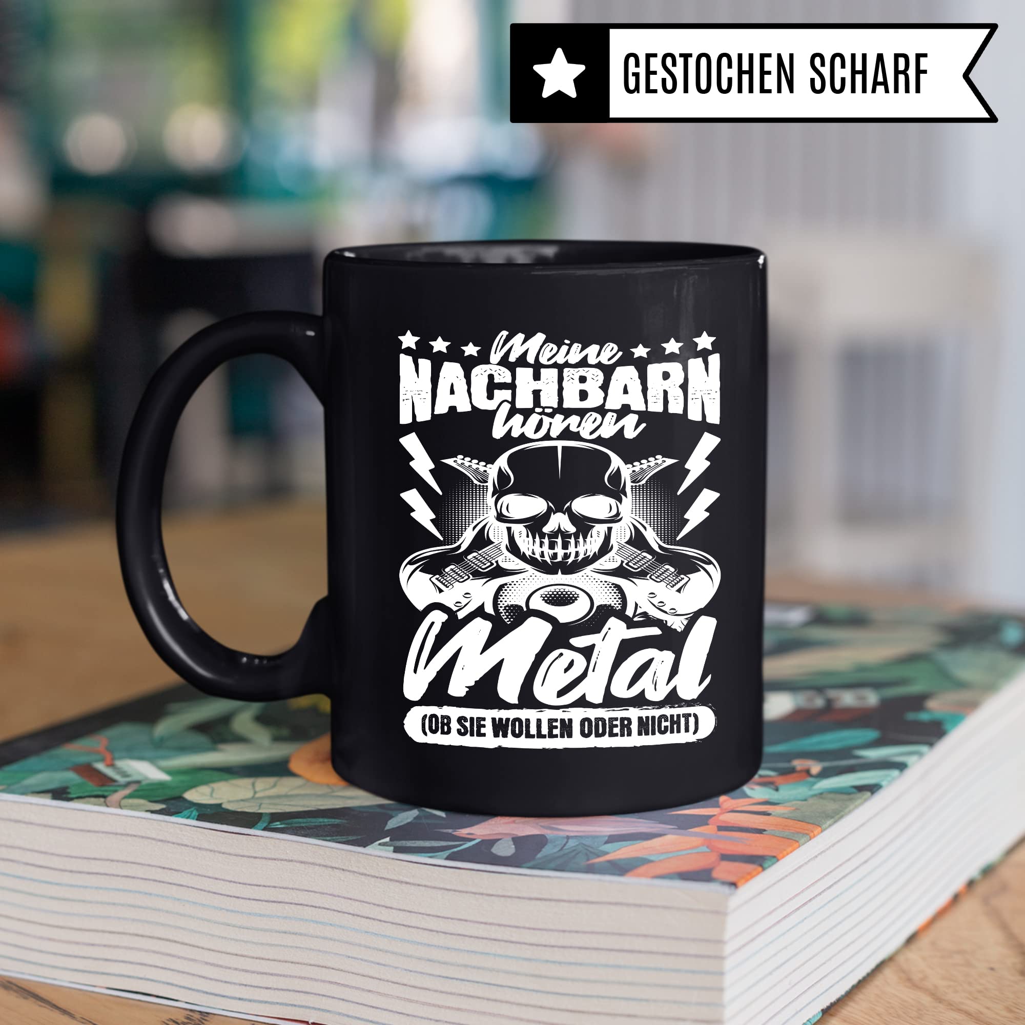 Metal Tasse Rocker Kaffeetasse Metal Fan Geschenkidee Kaffee-Becher Metalic Geschenk Spruch lustig Humor Teetasse Witz Meine Nachbarn hören Metal