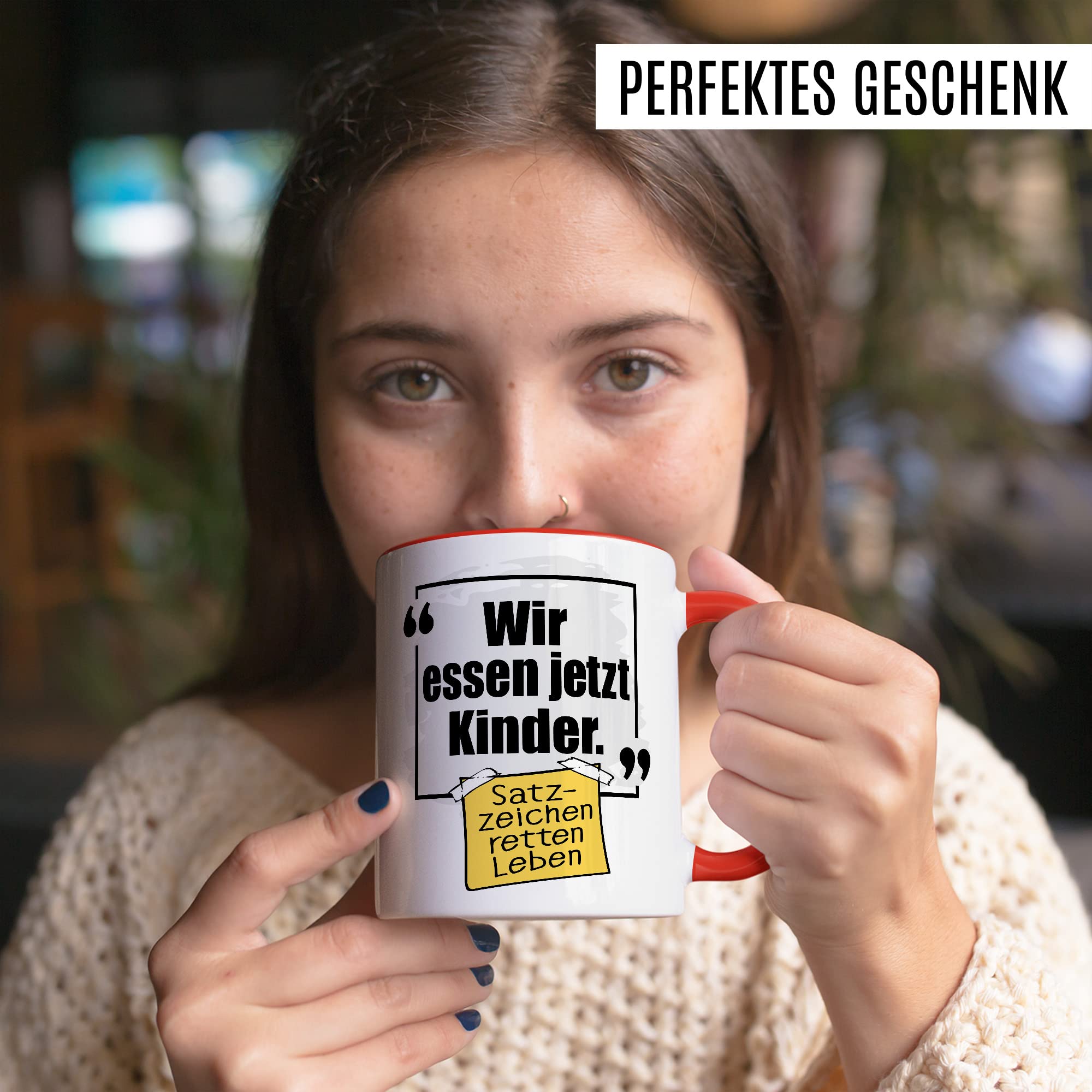 Lustige Tasse mit Spruch Kaffeetasse Grammatik Witz lustig Kaffee-Becher Zeichensetzung rettet Leben wir essen jetzt Kinder Interpunktion Deutsch