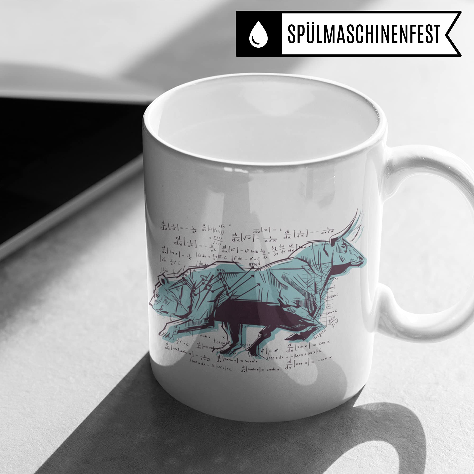 Bulle und Bär Tasse Aktien - Kaffeetasse für Investor Aktionär Börse Geld Trader - Geschenk zum Investieren Bullenmarkt Bärenmarkt Motiv Kaffeebecher