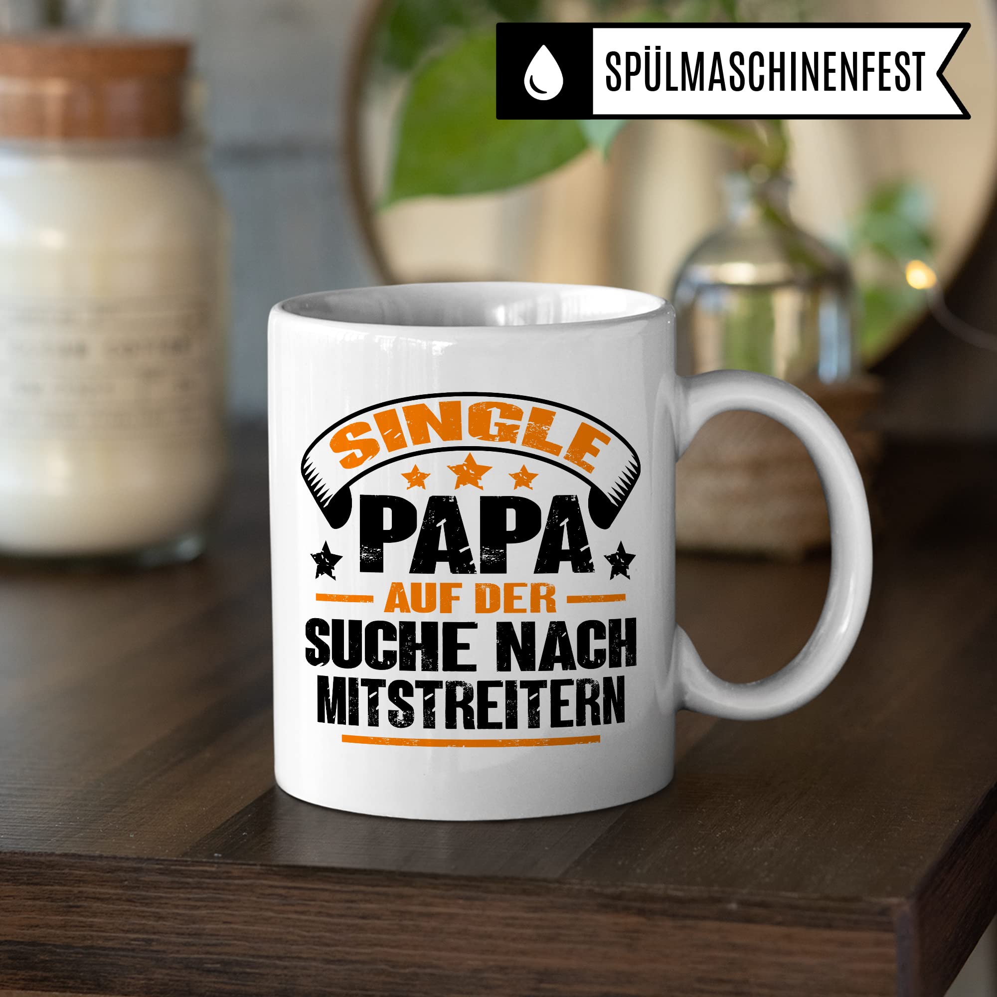 Tasse Single Papa, Single Papa auf der Suche nach Mitstreitern Geschenk Männer Geschenkidee Man Singles Kaffee-Becher Gleichgesinnte Vater Teetasse Kaffeetasse mit Spruch